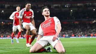 Hình ảnh cho bài Rice lập cú đúp siêu phẩm đá phạt, Arsenal đè bẹp Real Madrid 3-0 trong trận lượt đi tứ kết Champions League