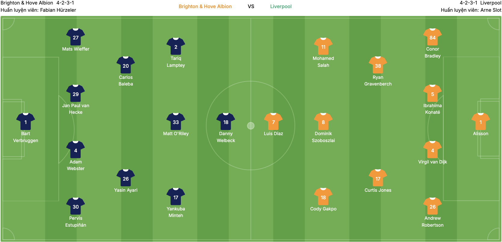 Đội hình dự kiến Brighton vs Liverpool | Keolive