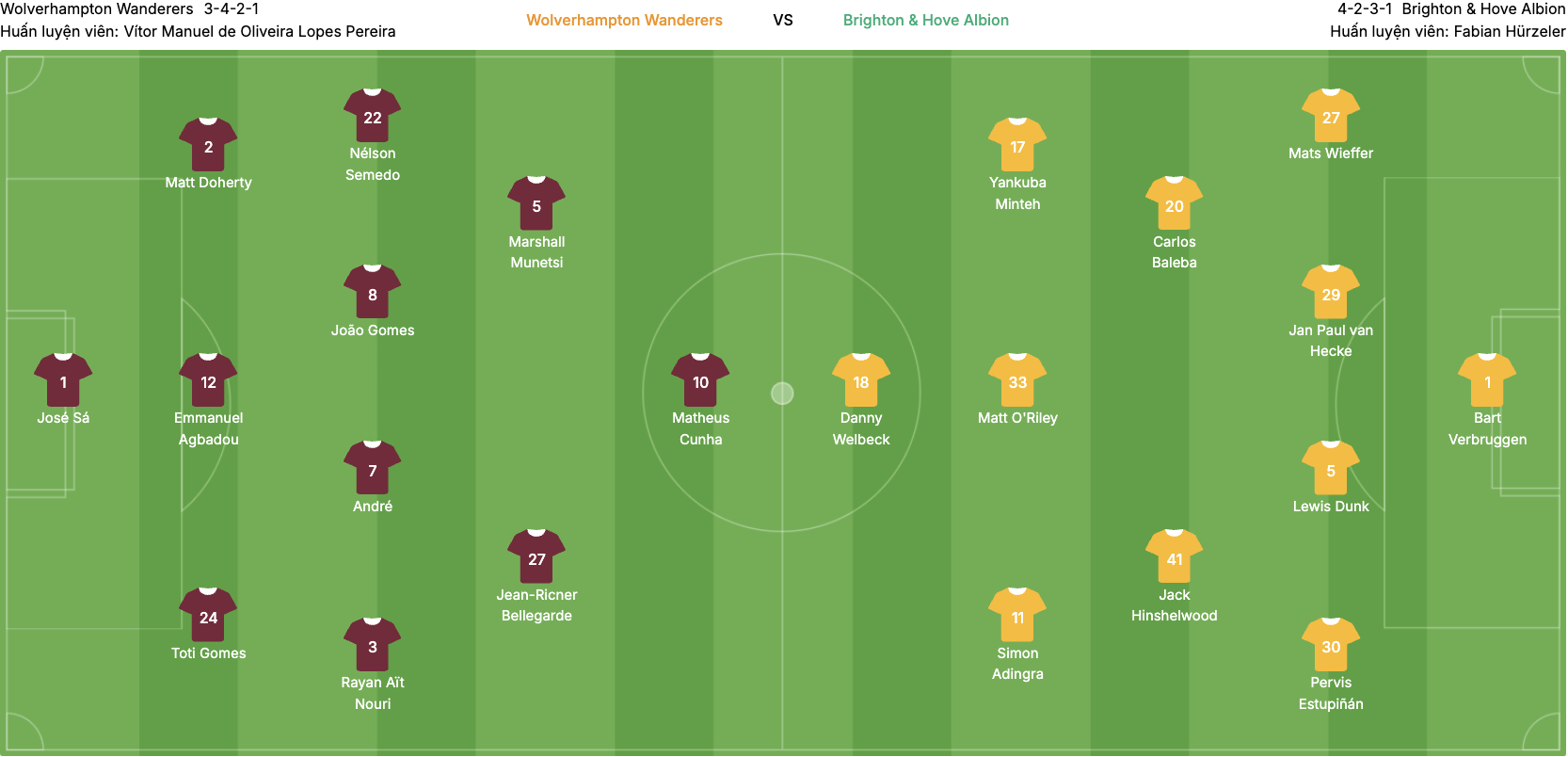 Đội hình dự kiến của Wolves vs Brighton. | Keolive