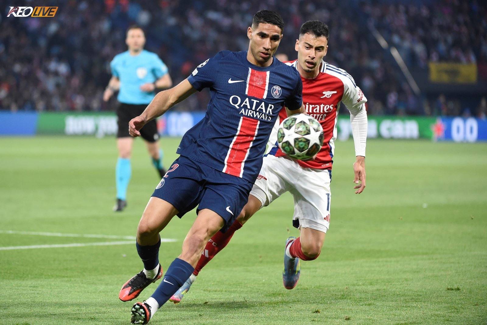Hakimi chơi cực hay khi không những khóa chặt được các ngòi nổ bên cánh trái của Arsenal mà còn trực tiếp ghi bàn nâng tỉ số lên 2-0 | Keolive