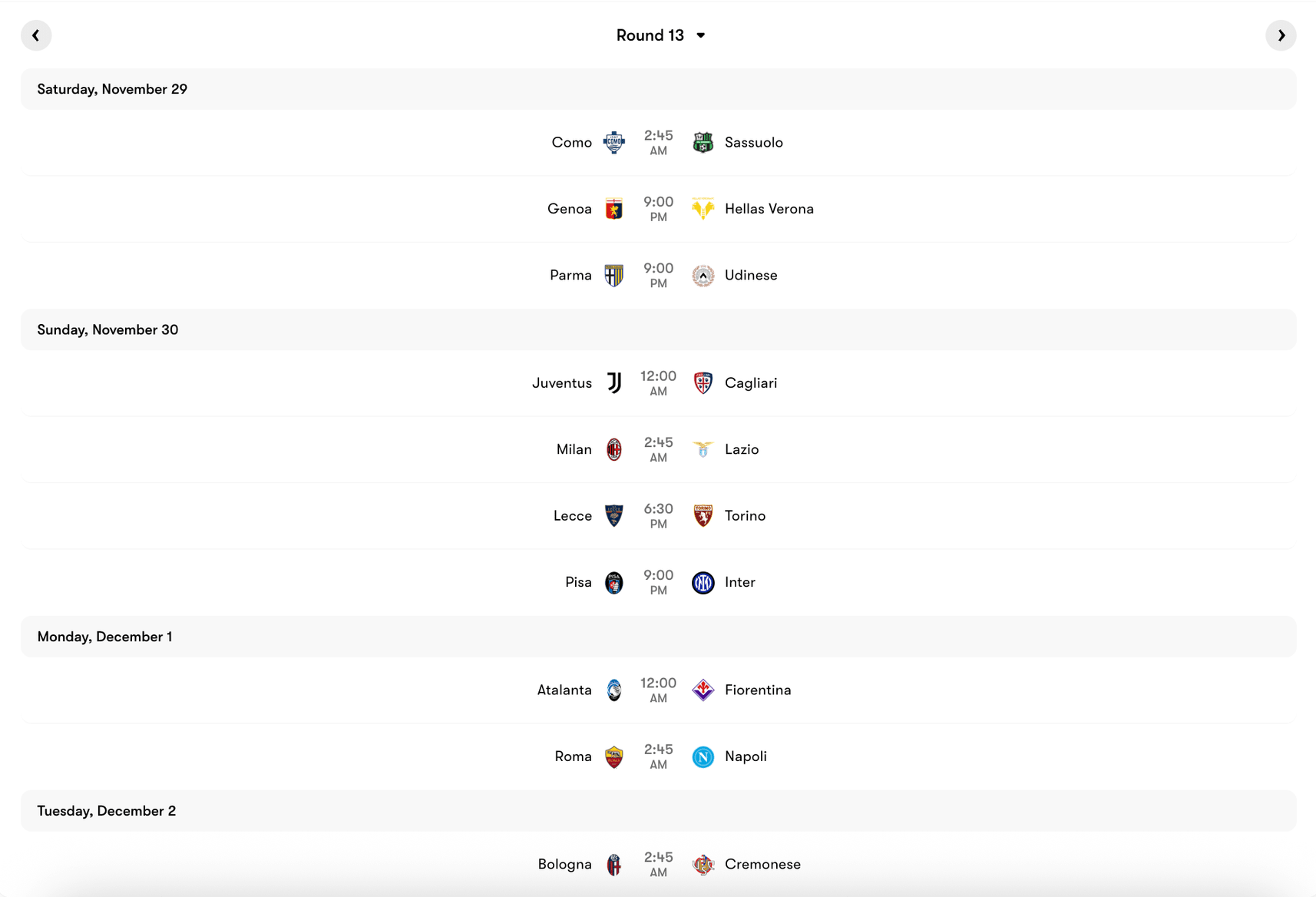 Lịch thi đấu vòng 13 Serie A 2025/26 | Keolive