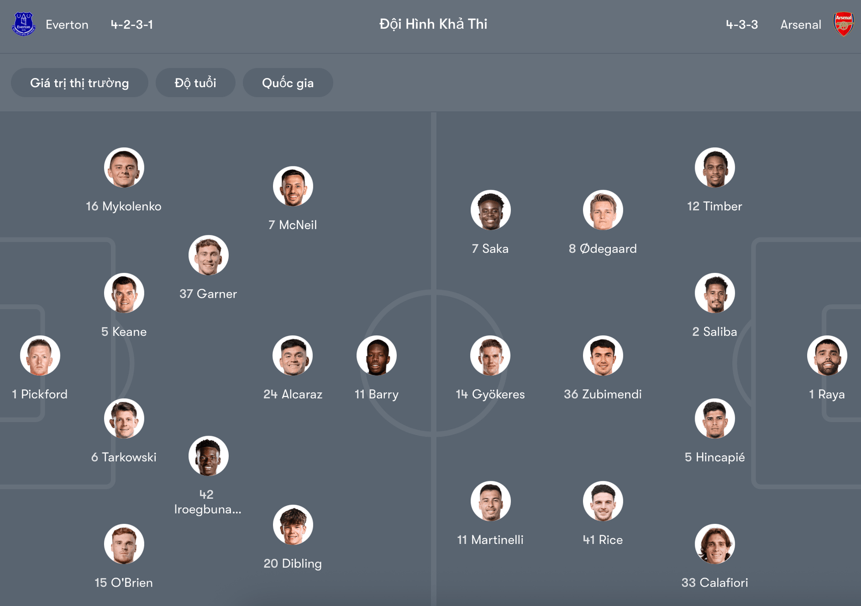 Đội hình dự kiến Everton vs Arsenal | Keolive