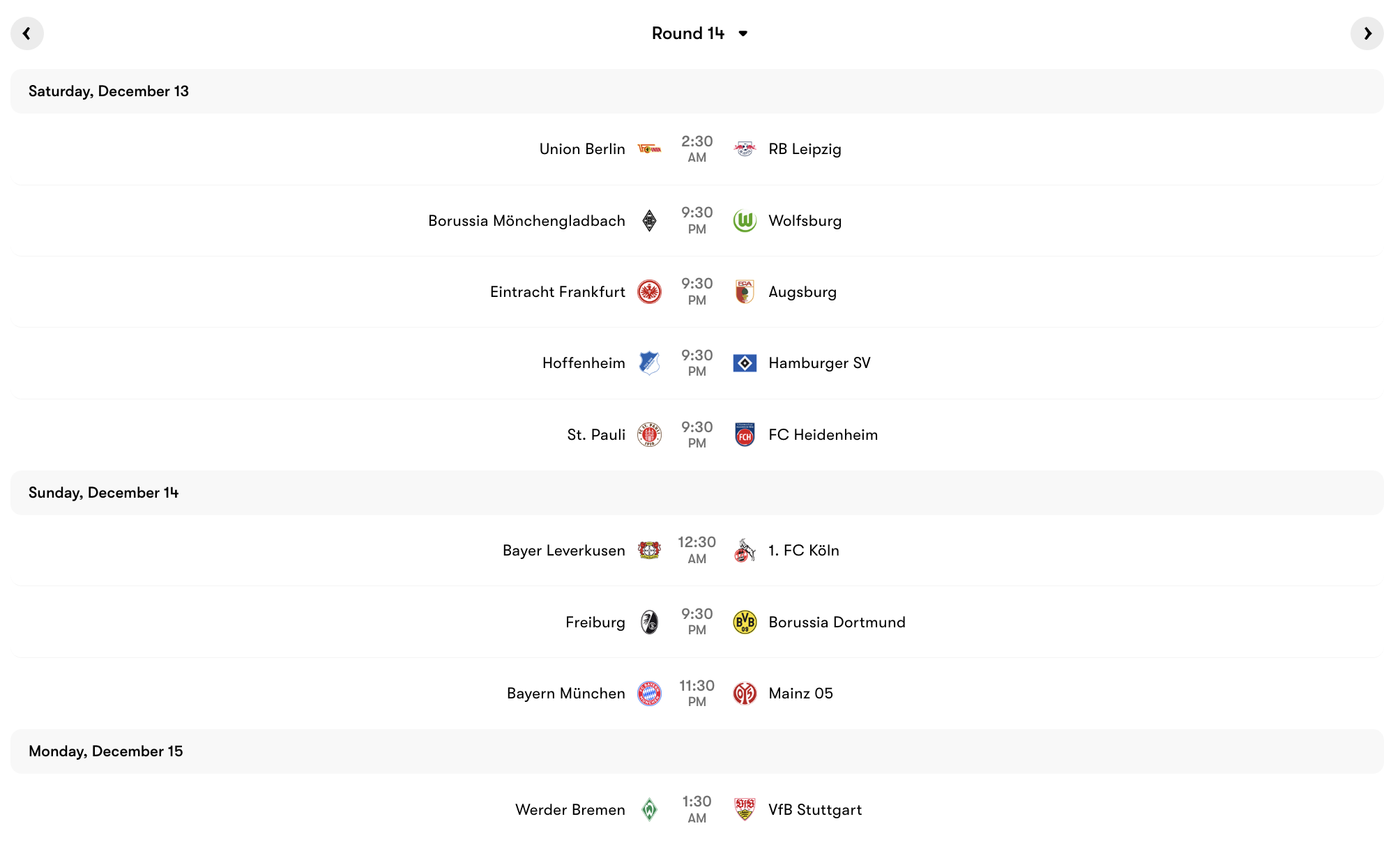 Lịch thi đấu vòng 14 Bundesliga 2025/26 | Keolive