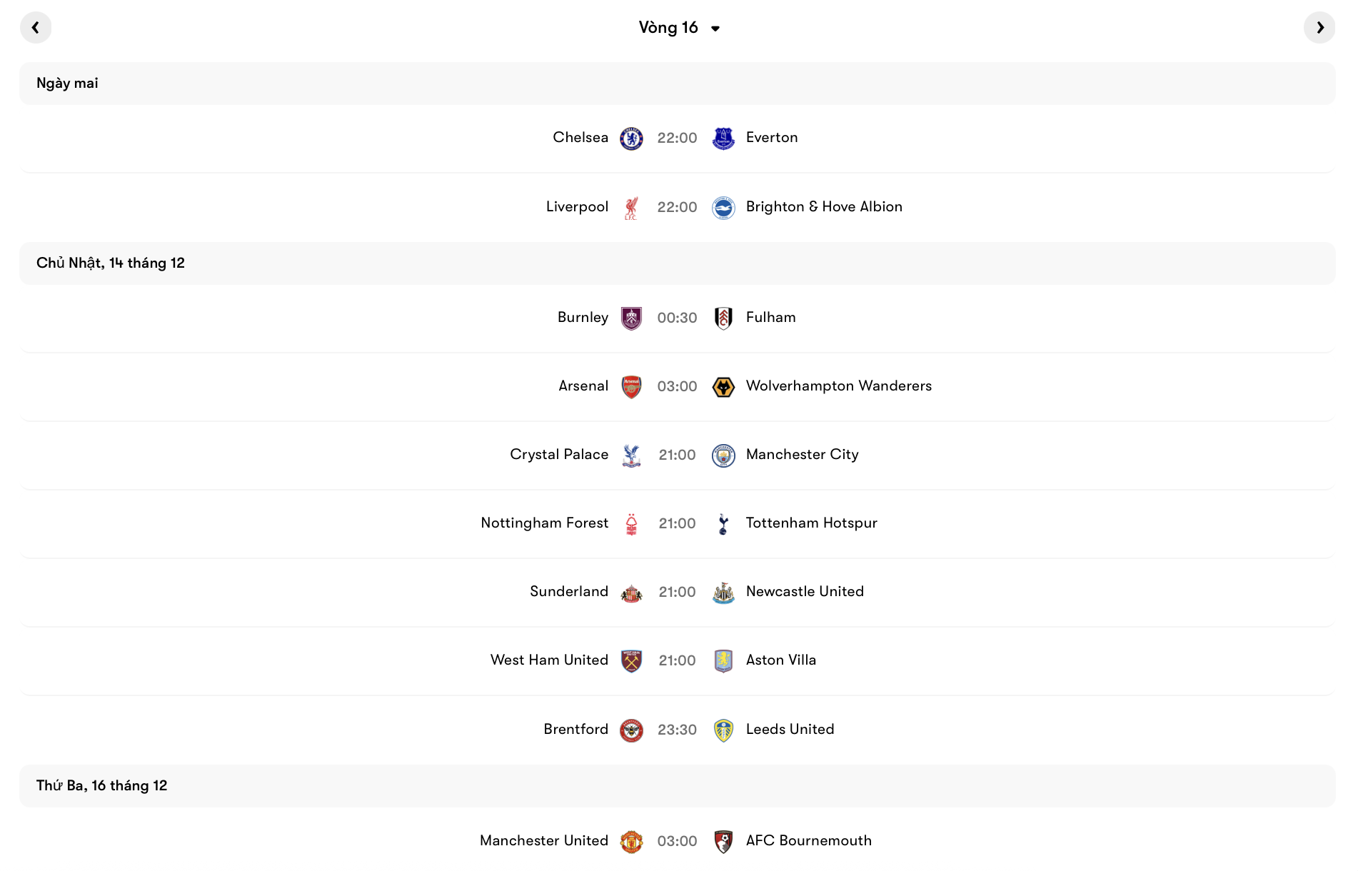 Lịch thi đấu các trận vòng 16 Premier League | Keolive