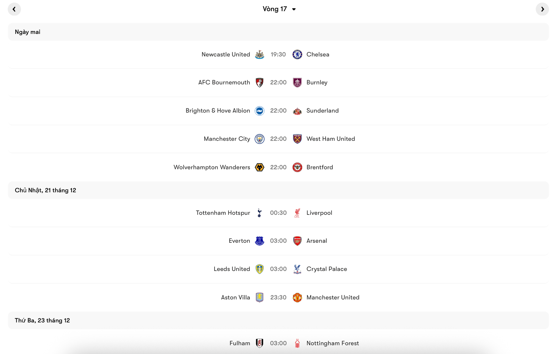 Lịch thi đấu các trận vòng 17 Premier League 2025/26 | Keolive