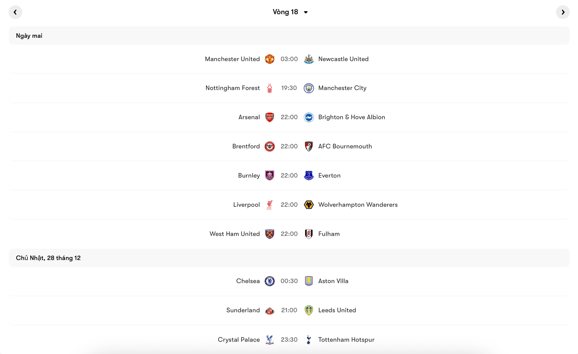 Lịch thi đấu vòng 18 Premier League 2025/26 | Keolive