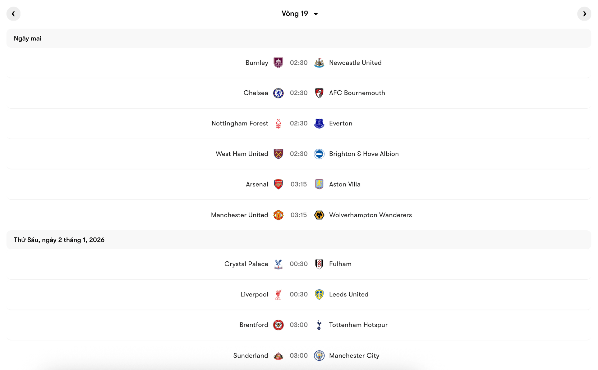 Lịch thi đấu chi tiết vòng 19 Premier League 2025/26 | Keolive
