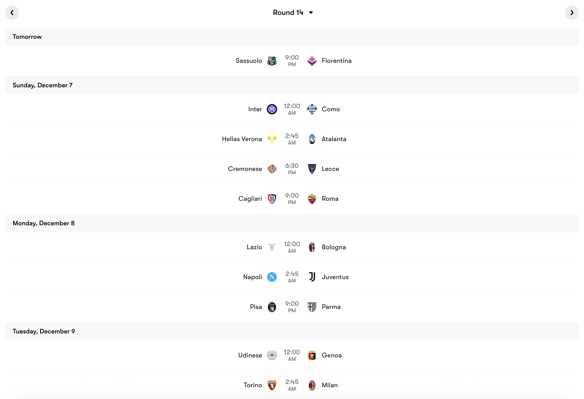 Lịch thi đấu Serie A Vòng 14 | Keolive