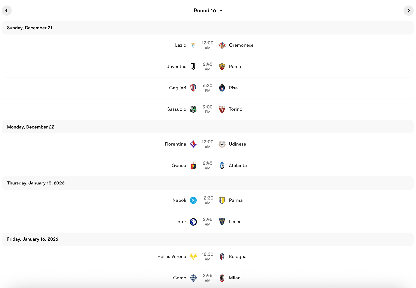 Lịch thi đấu Serie A Vòng 16 | Keolive