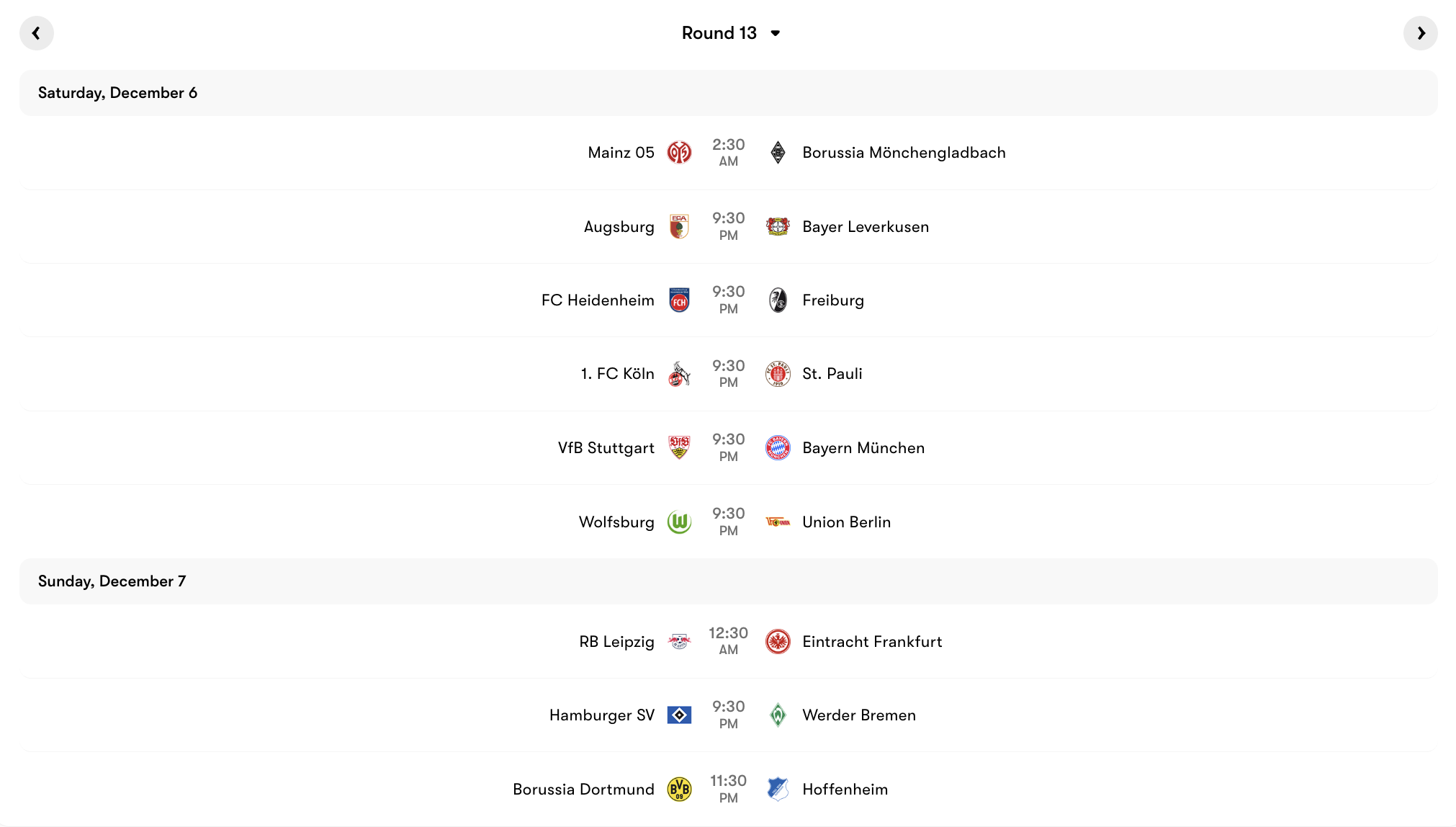 Lịch thi đấu vòng 13 Bundesliga 2025/2026 | Keolive