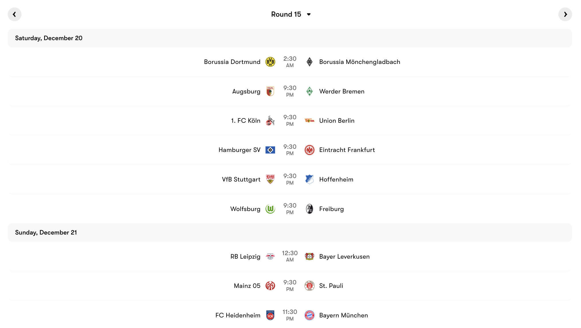 Lịch thi đấu vòng 15 Bundesliga | Keolive