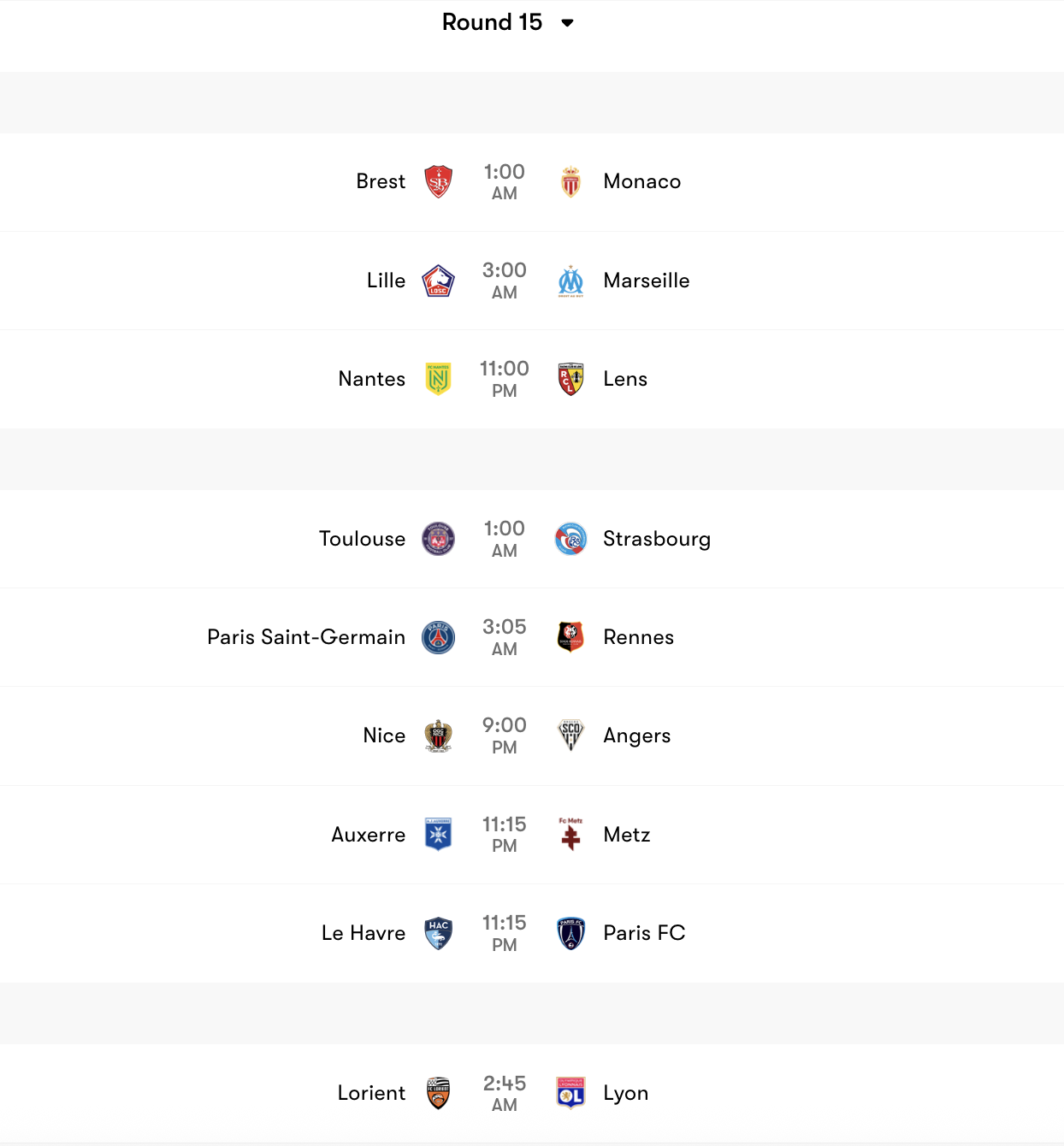 Lịch thi đấu Vòng 15 Ligue 1 2025/2026 | Keolive