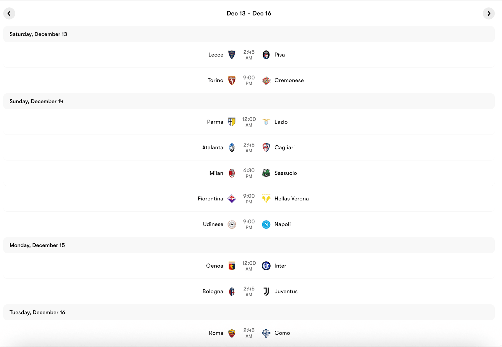 Lịch thi đấu Vòng 15 Serie A 2025/26 | Keolive