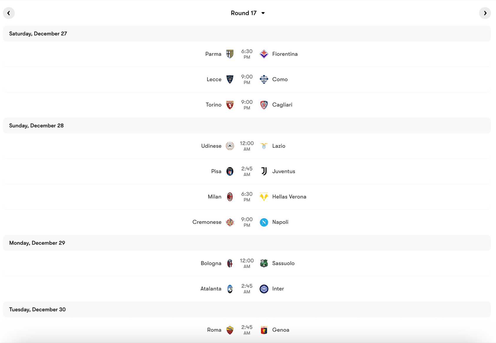 Lịch thi đấu Vòng 17 Serie A 2025:26 | Keolive