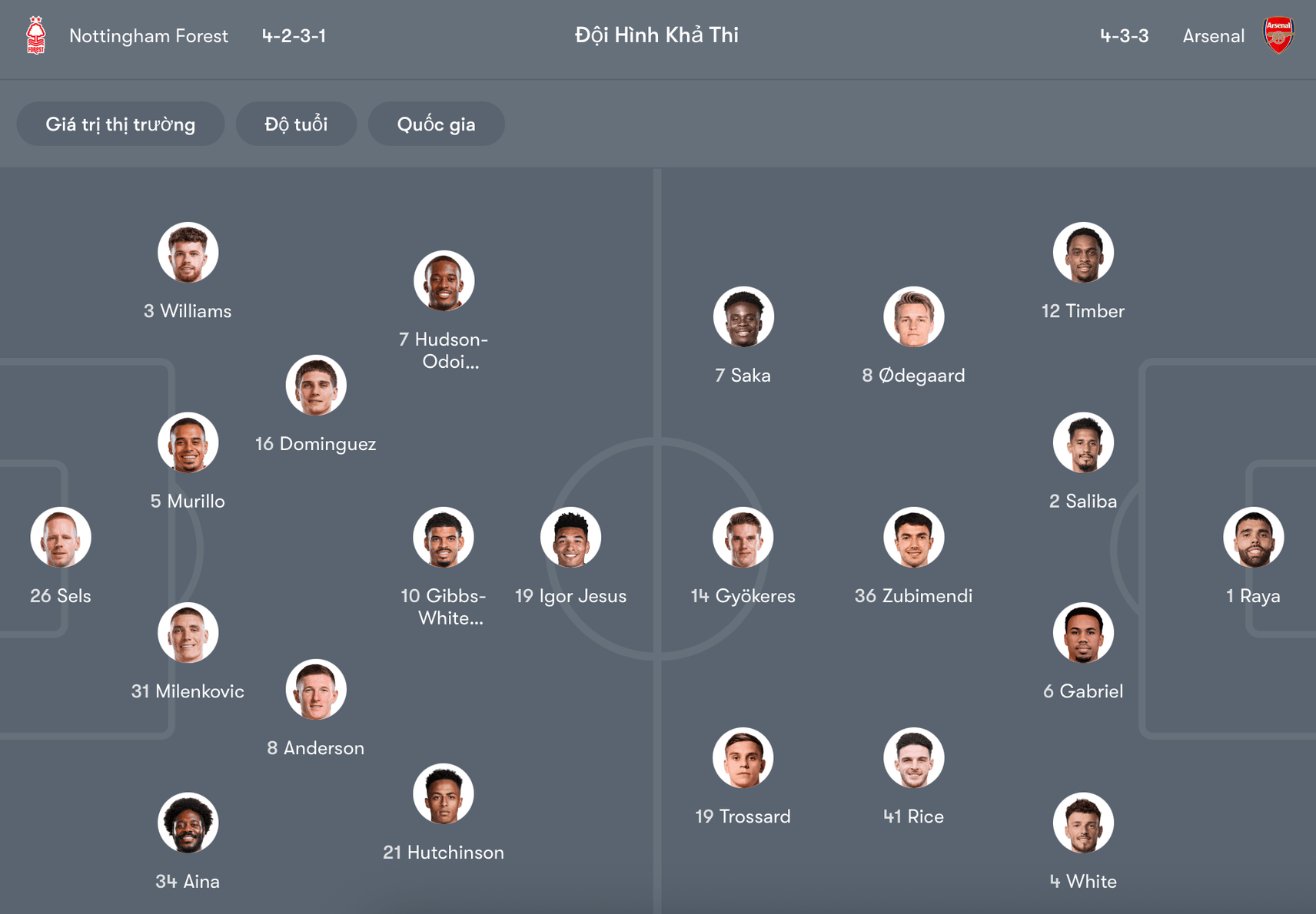 Đội hình dự kiến Nottingham vs Arsenal | Keolive