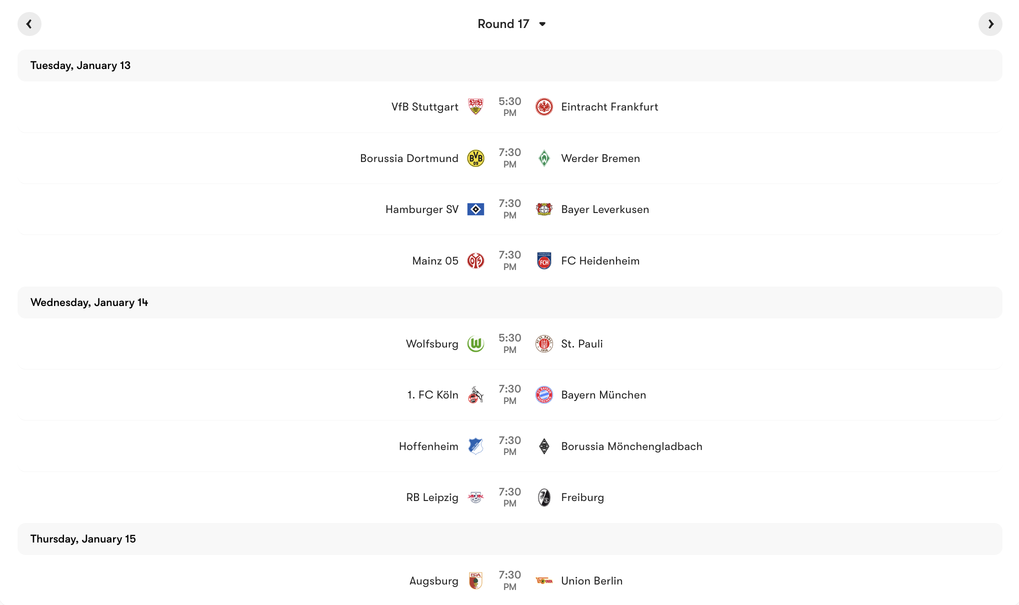 Lịch thi đấu Vòng 17 Bundesliga 2025/26 | Keolive