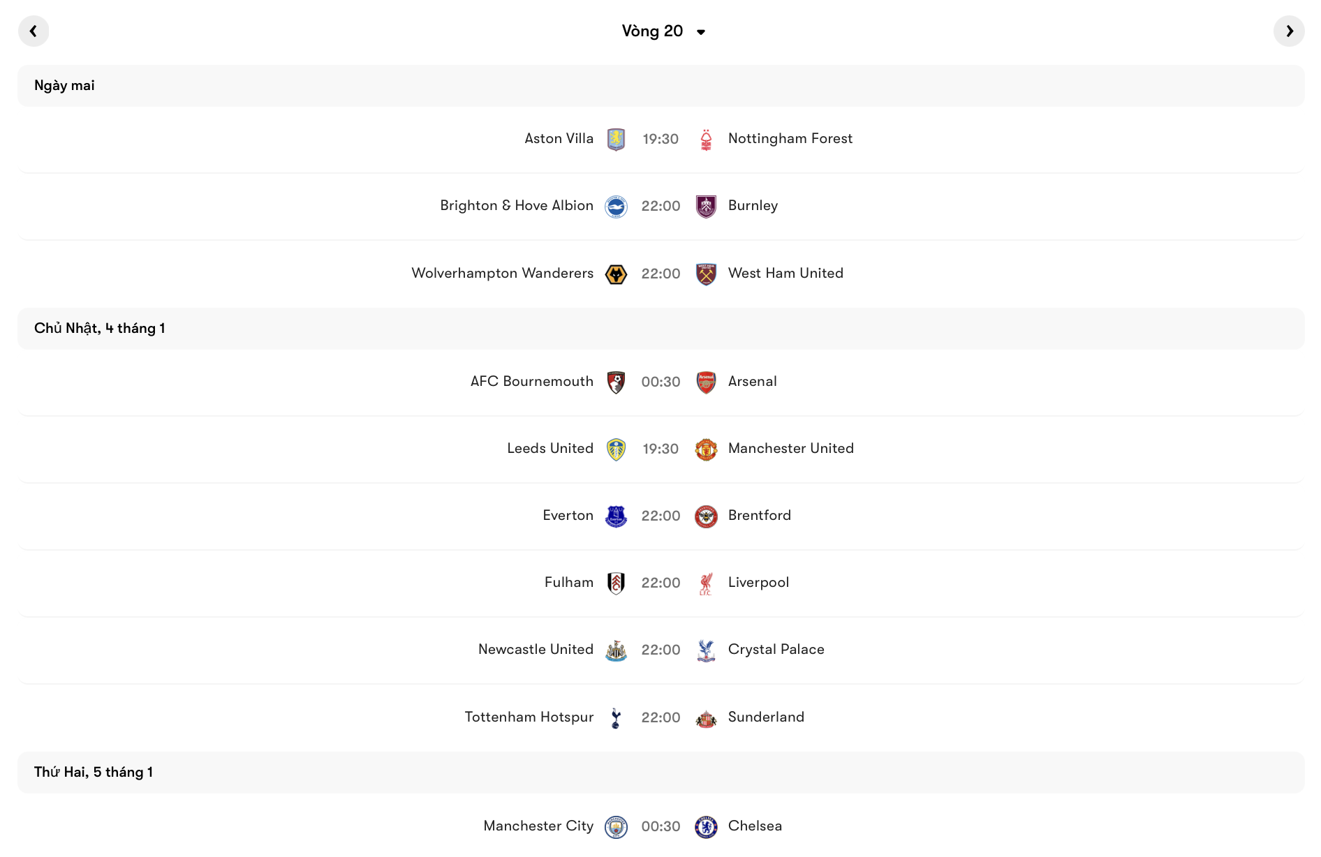 Lịch thi đấu vòng 20 Premier League 2025/26 | Keolive