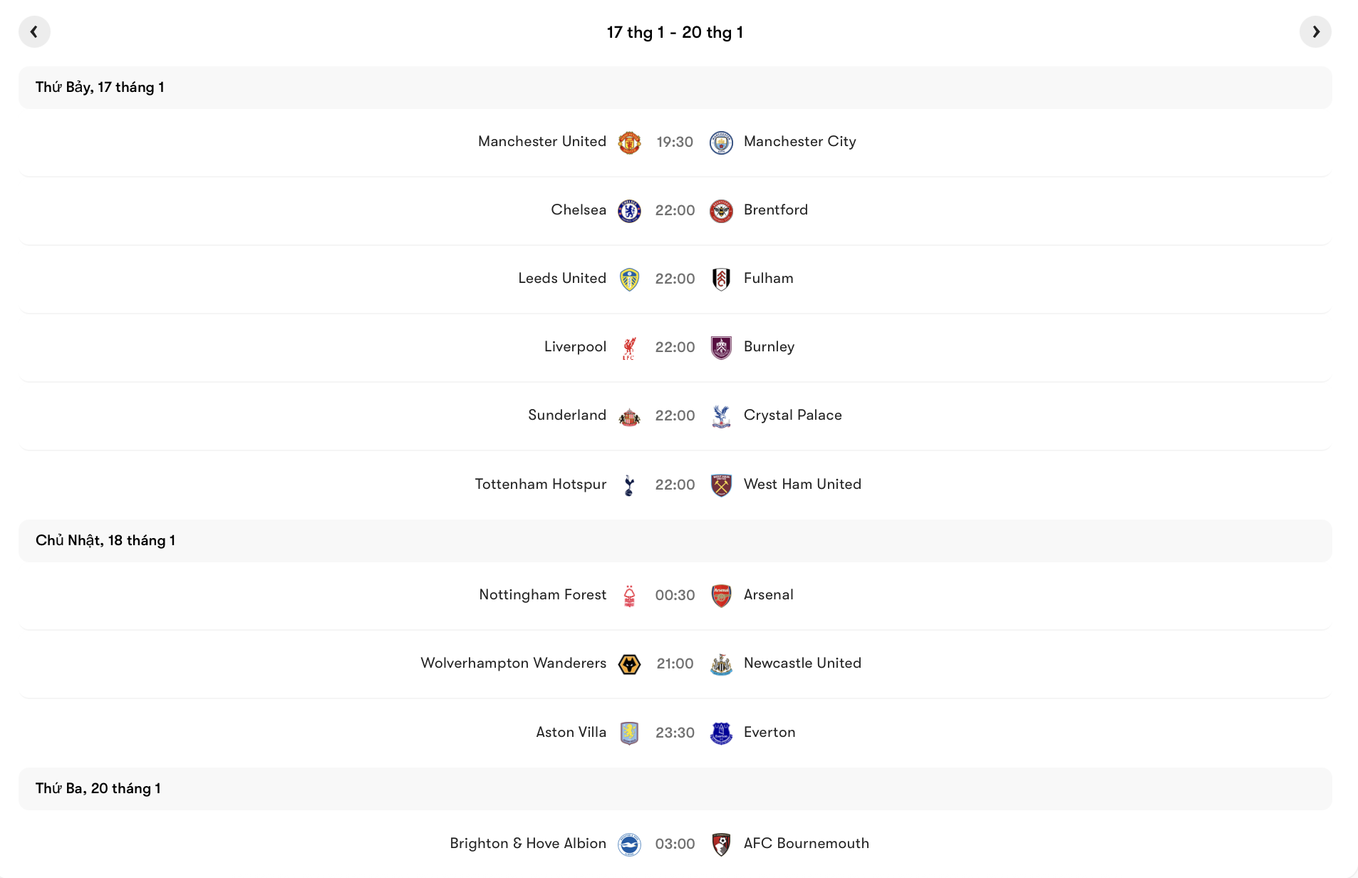 Lịch thi đấu vòng 22 Premier League 2025/26 | Keolive