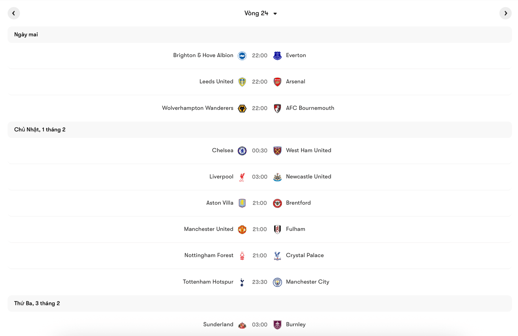 Lịch thi đấu vòng 24 Premier League 2025/26 | Keolive