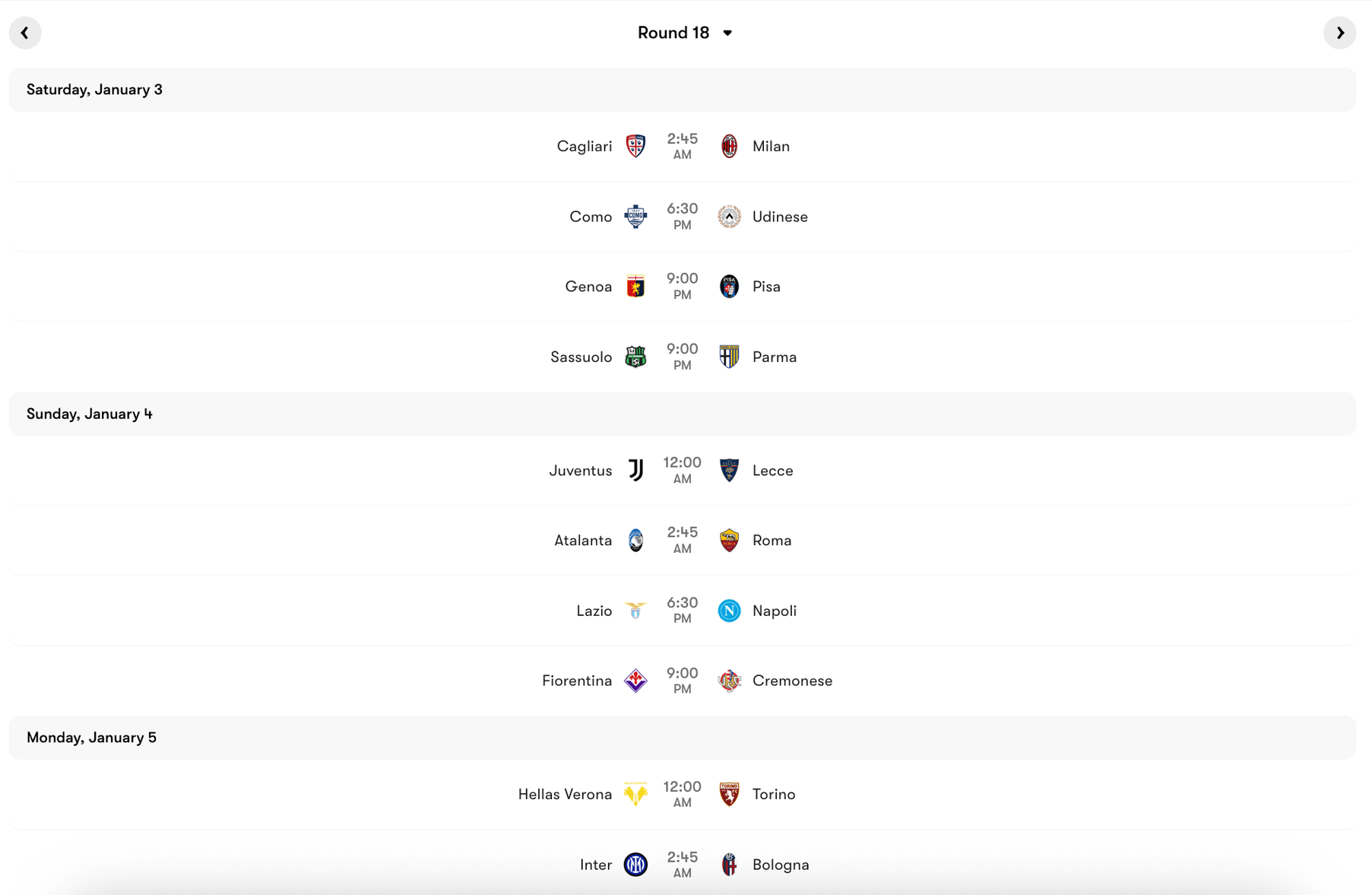 Lịch thi đấu Vòng 18 Serie A 2025:26 | Keolive