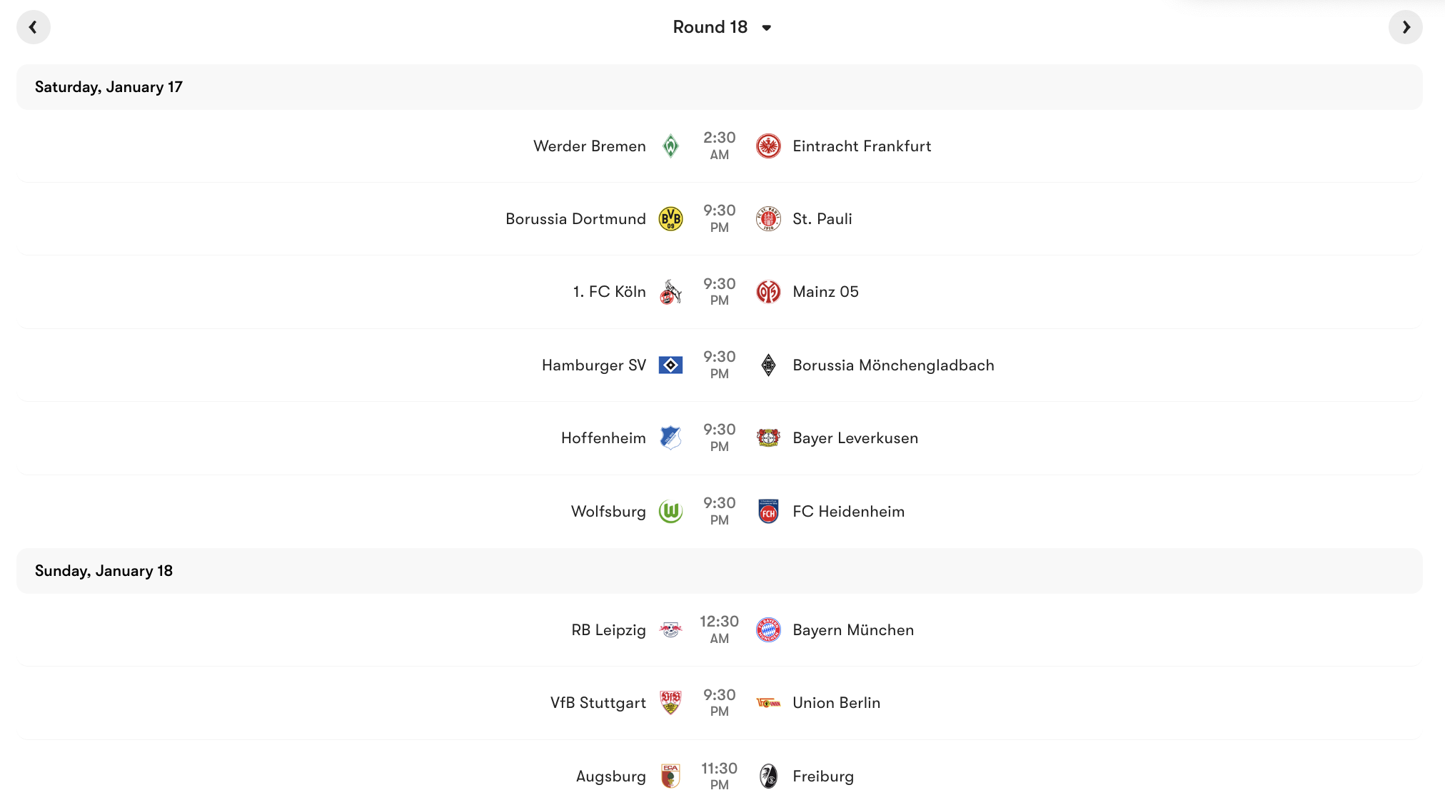 Lịch thi đấu Vòng 18 Bundesliga 2025/26 | Keolive