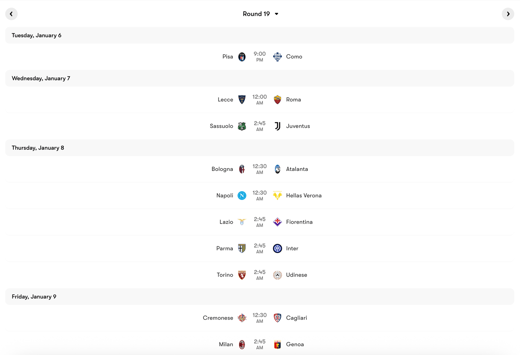 Lịch thi đấu Vòng 19 Serie A 2025/26 | Keolive