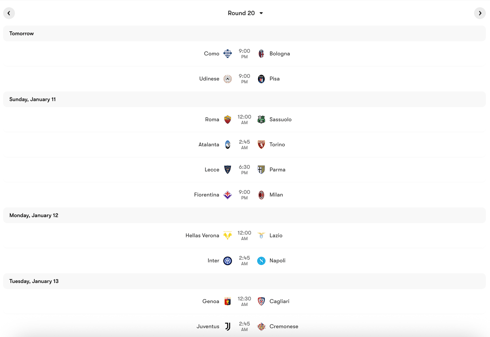 Lịch thi đấu Vòng 20 Serie A 2025/26 | Keolive