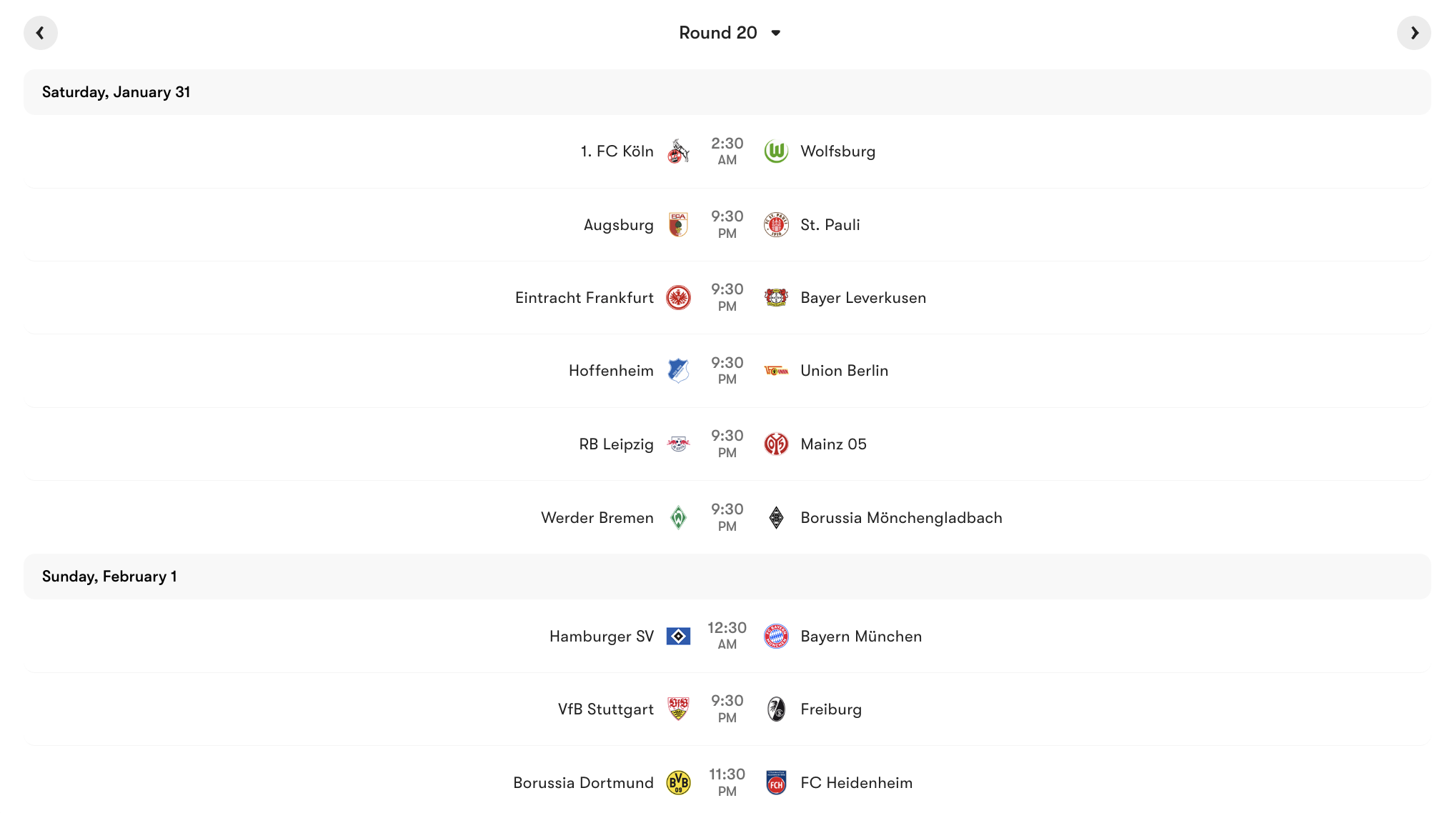Lịch thi đấu vòng 20 Bundesliga 2025/26 | Keolive