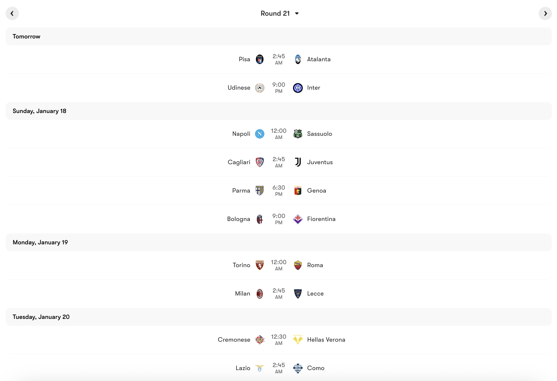 Lịch thi đấu Vòng 21 Serie A 2025/26. | Keolive