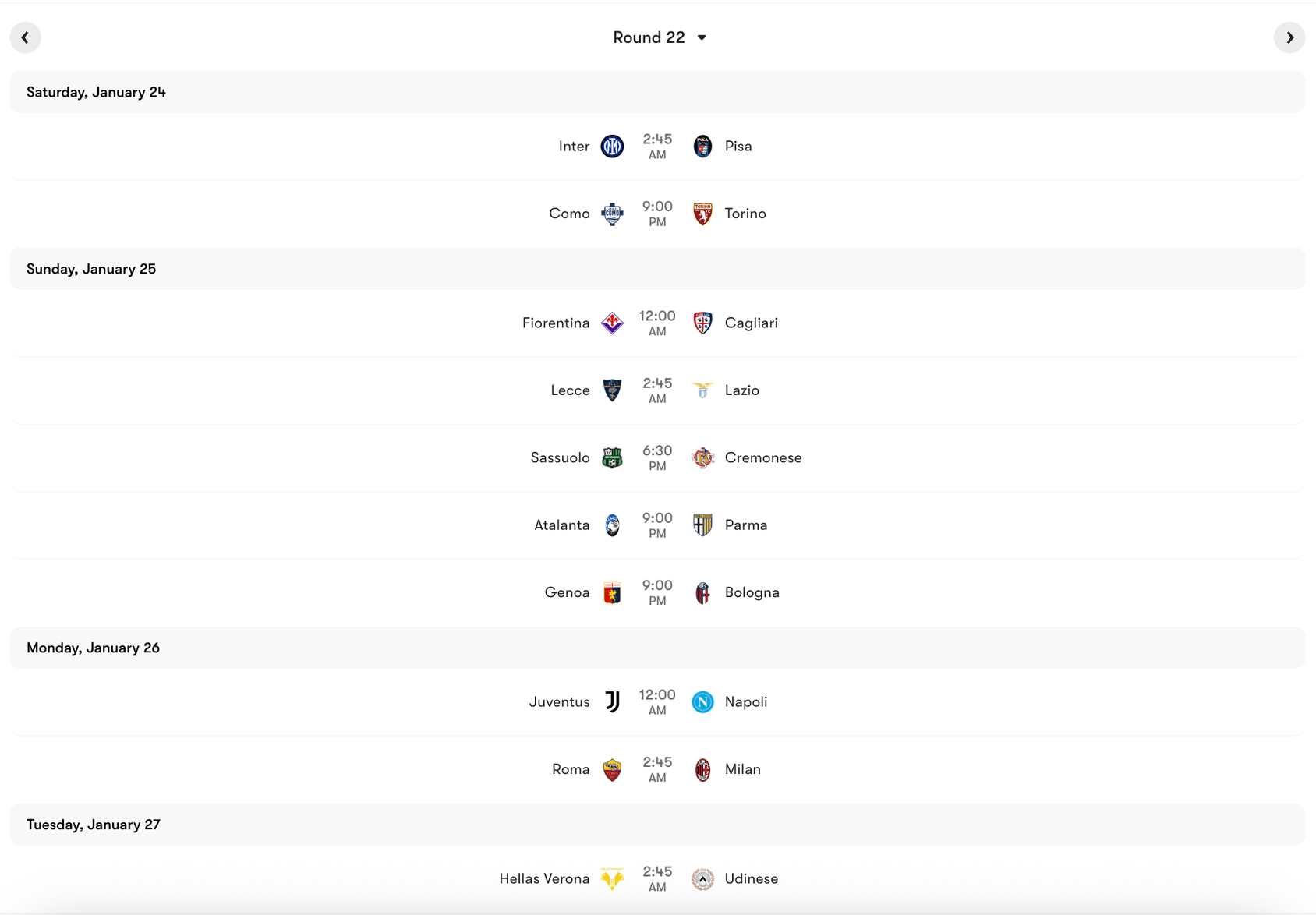 Lịch thi đấu Vòng 22 Serie A 2025/26 | Keolive