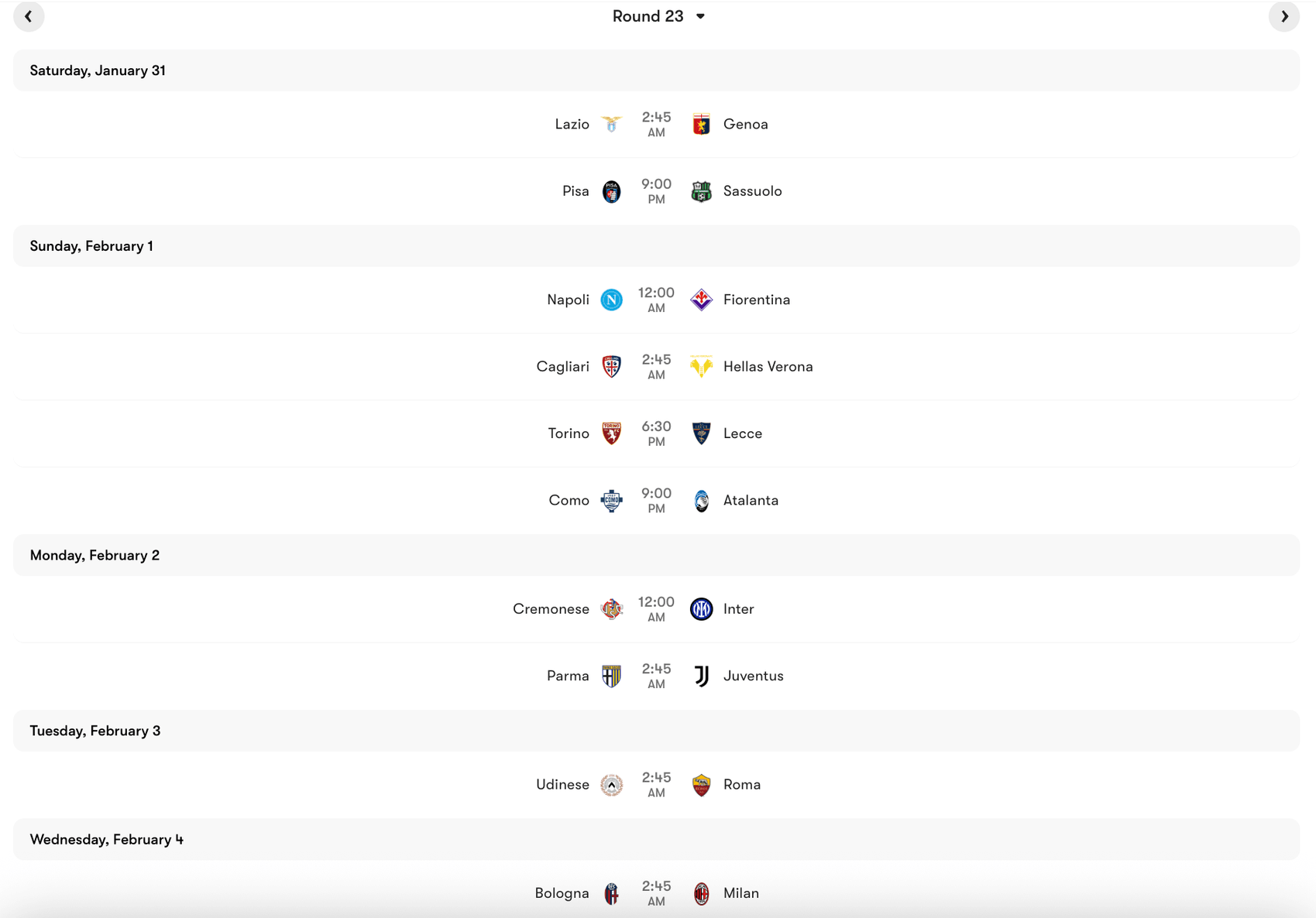 Lịch thi đấu Vòng 23 Serie A 2025/26 | Keolive