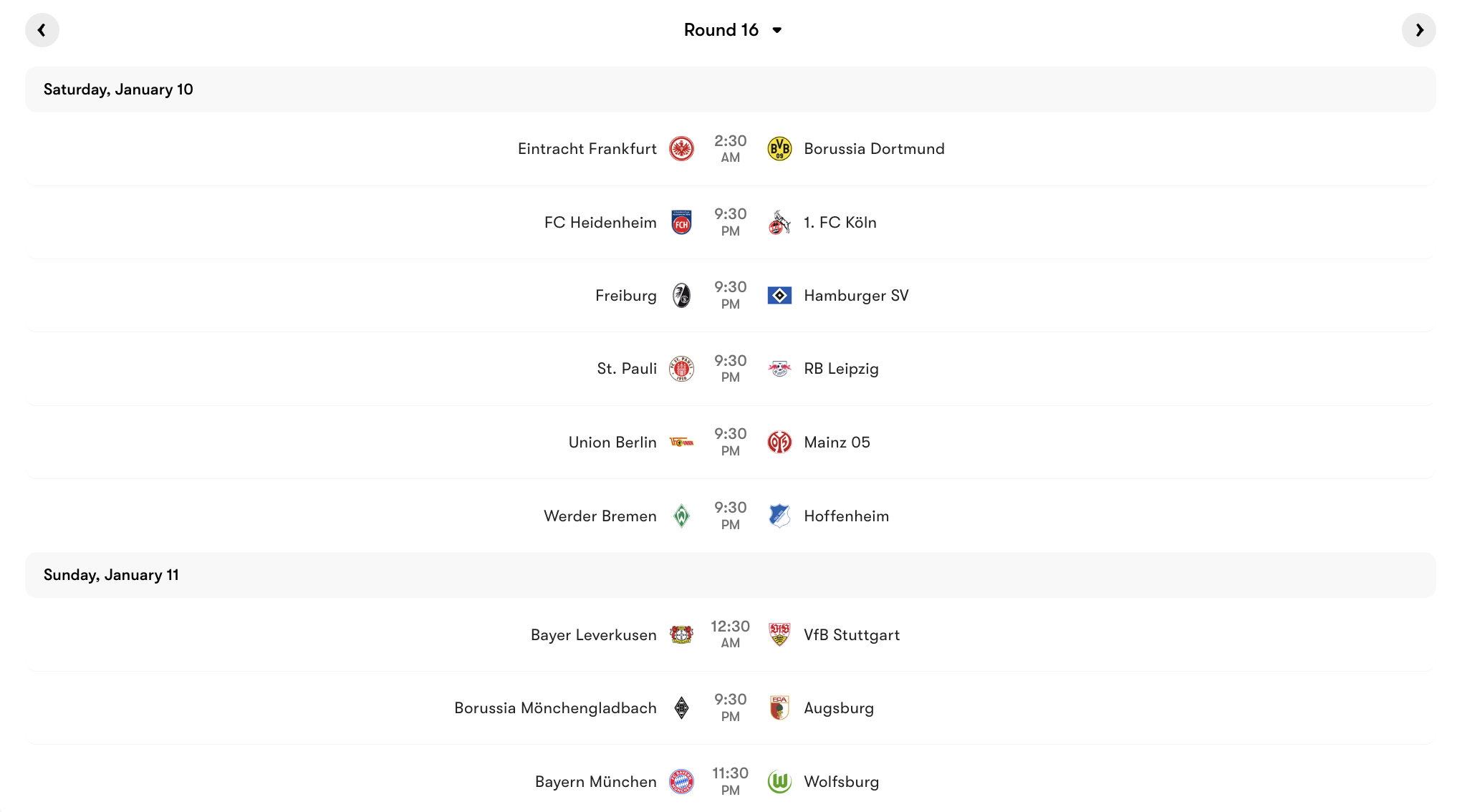 Lịch thi đấu vòng 16 Bundesliga | Keolive