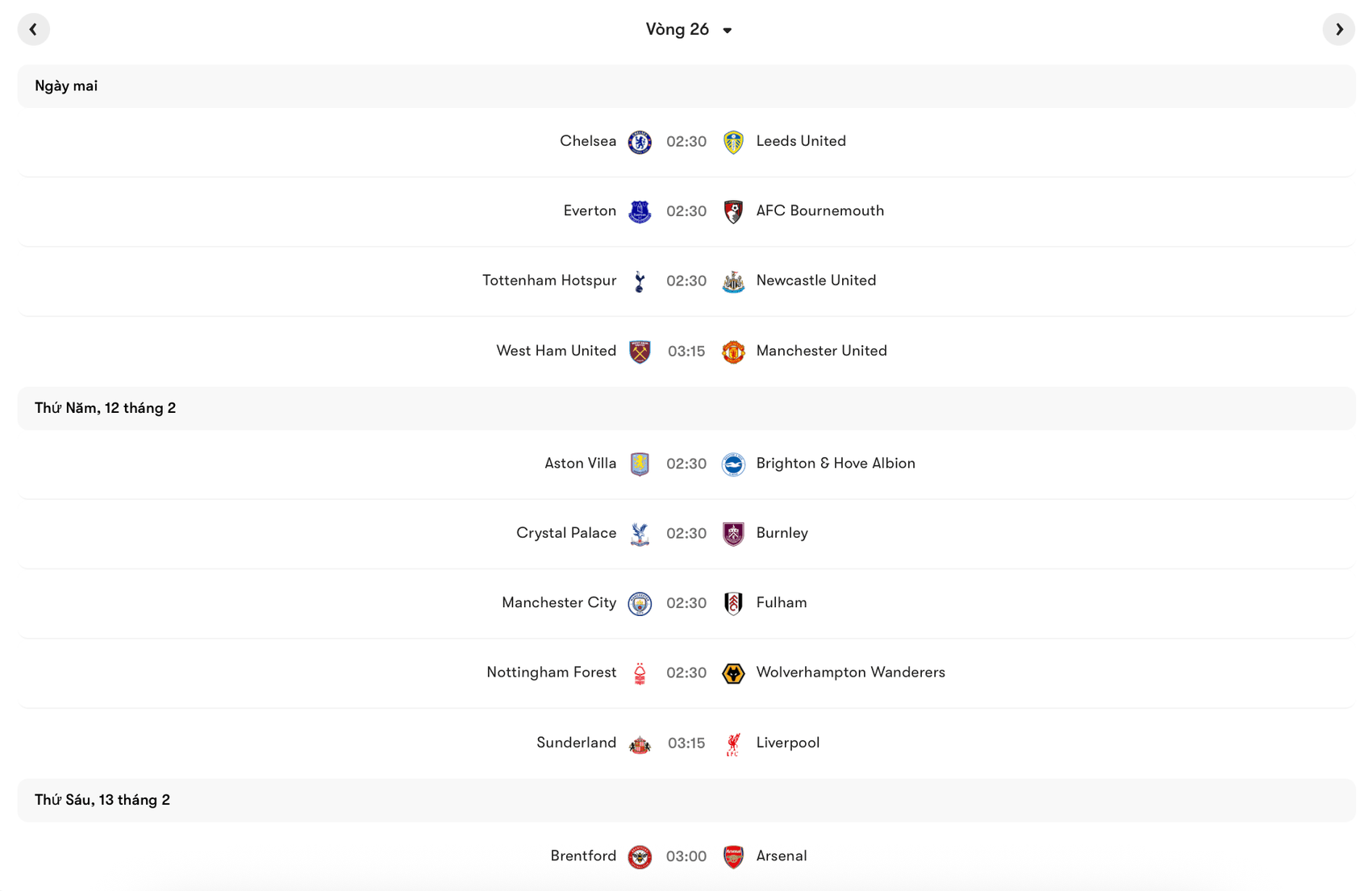 Lịch thi đấu vòng 26 Premier League 2025/26 | Keolive