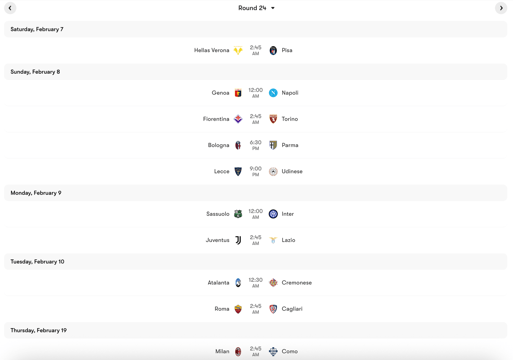 Lịch thi đấu Vòng 23 Serie A 2025:26 | Keolive