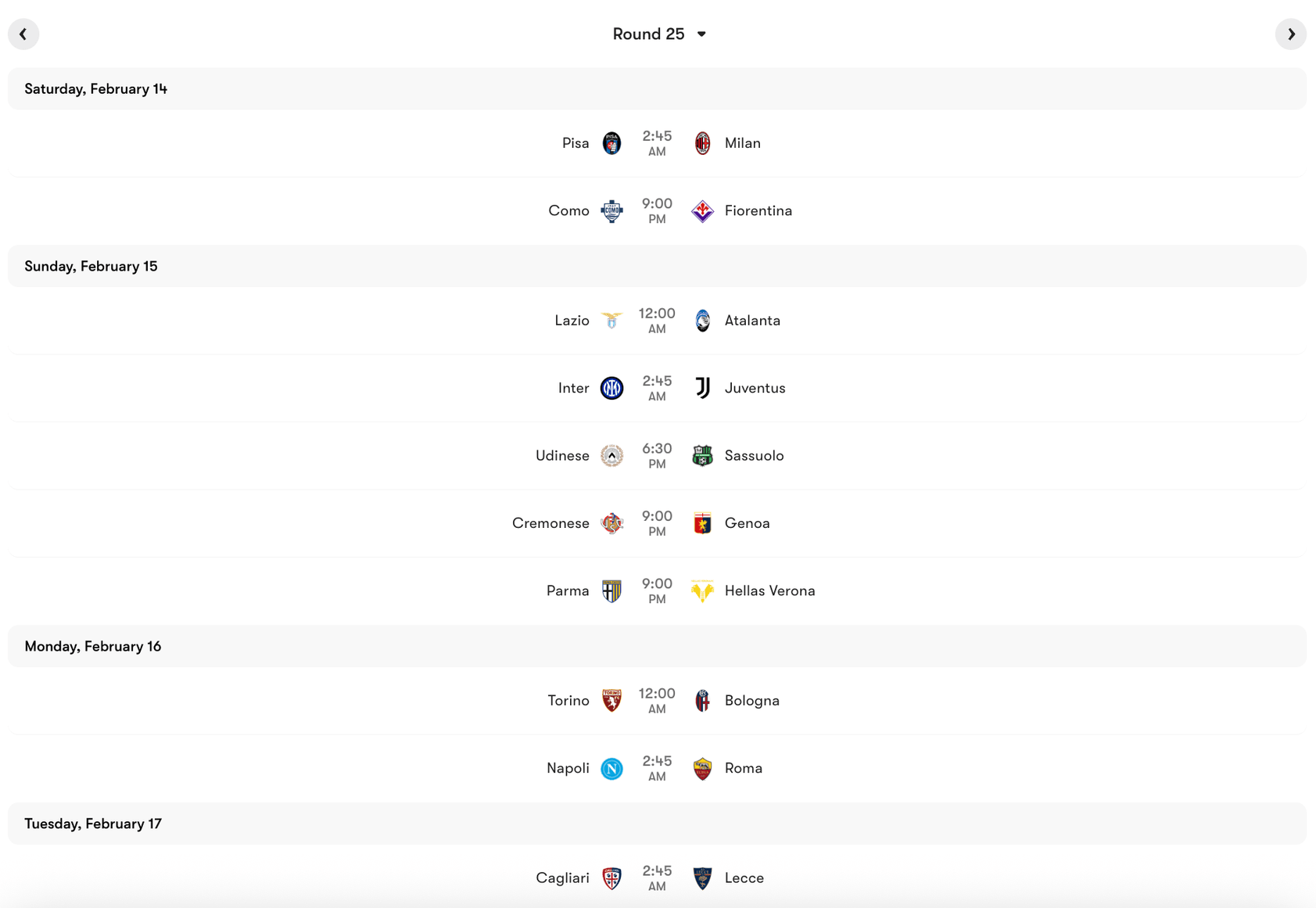 Lịch thi đấu Vòng 25 Serie A 2025:26 | Keolive