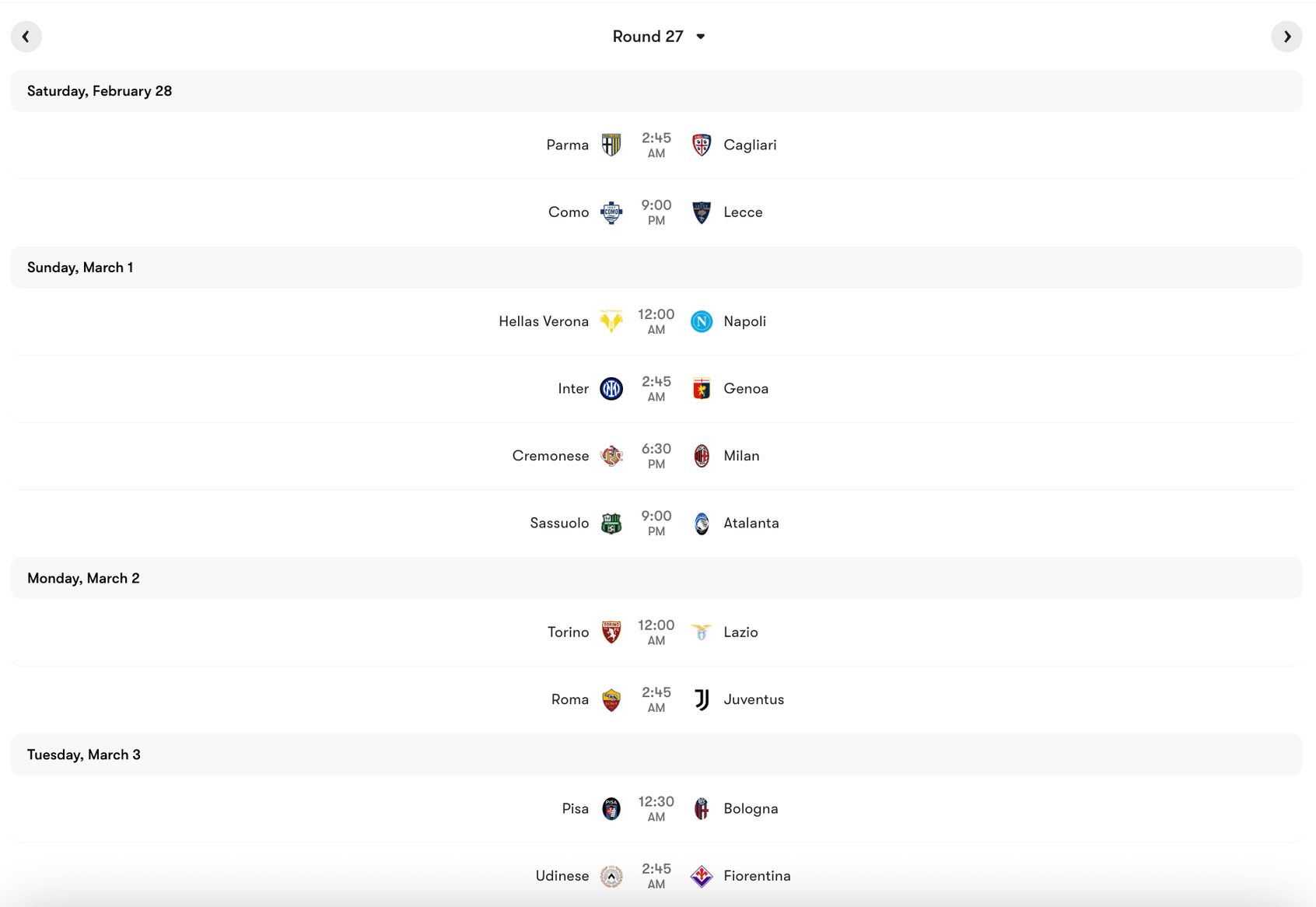 Lịch thi đấu Vòng 27 Serie A 2025/26 | Keolive