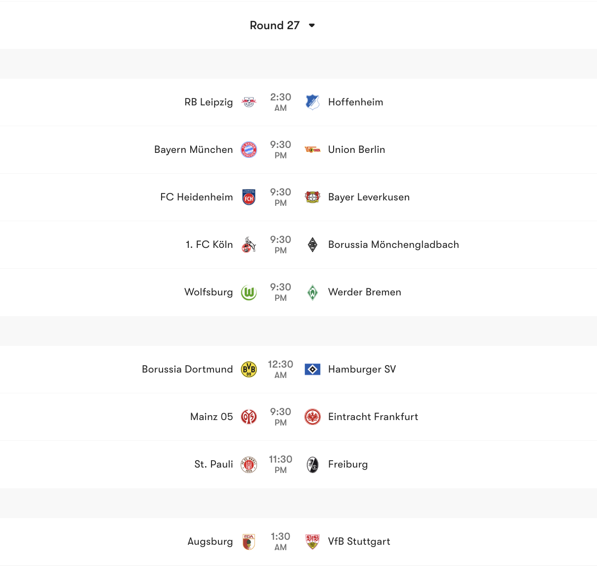 Lịch thi đấu vòng 27 Bundesliga | Keolive