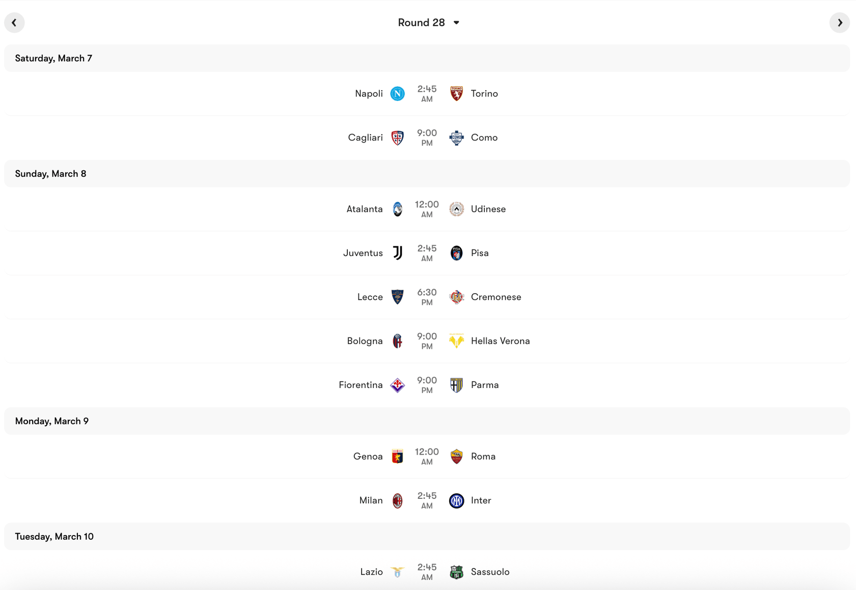 Lịch thi đấu Vòng 28 Serie A 2025/26 | Keolive