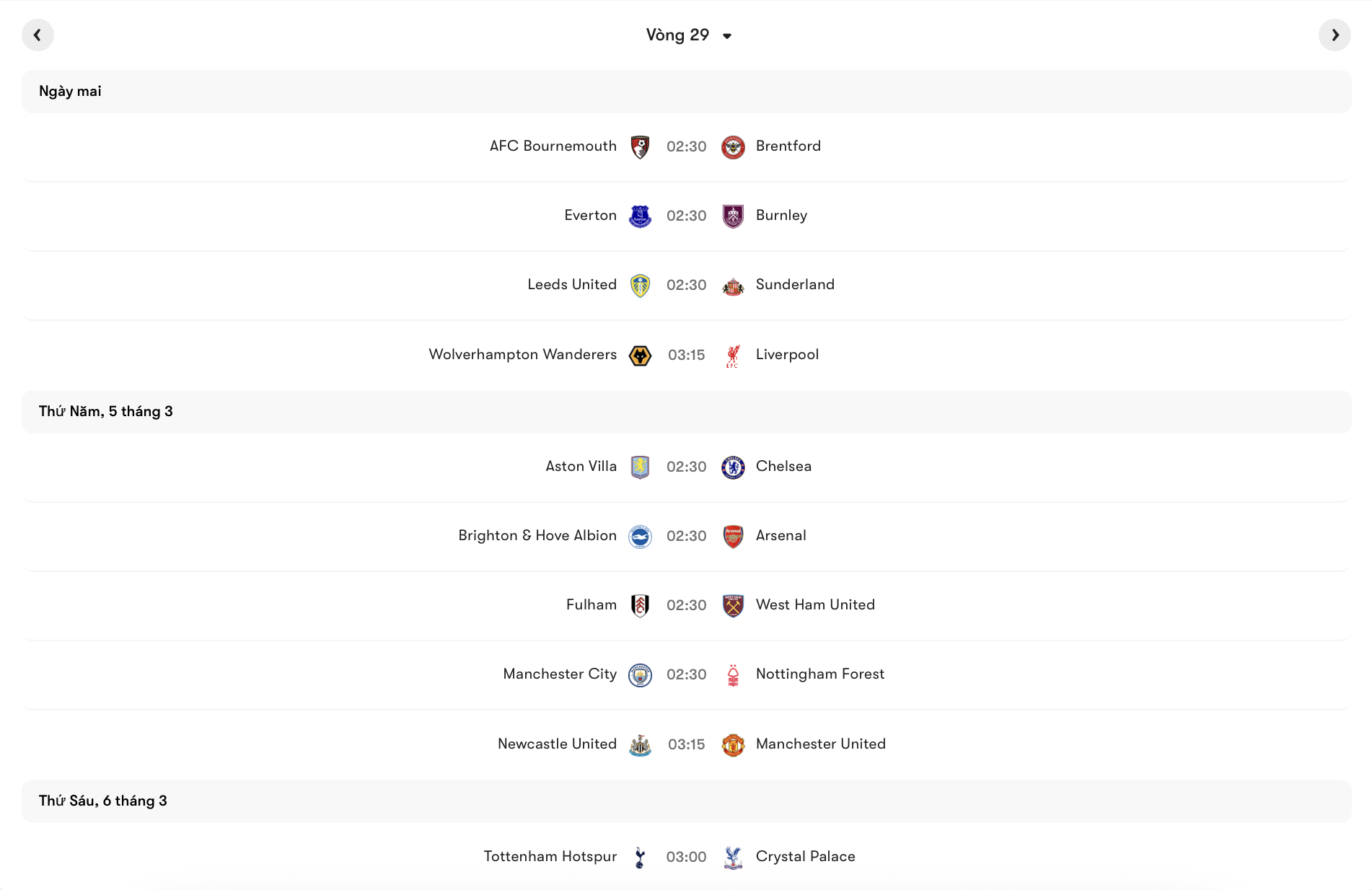 Lịch thi đấu vòng 29 Premier League 2025/26 | Keolive