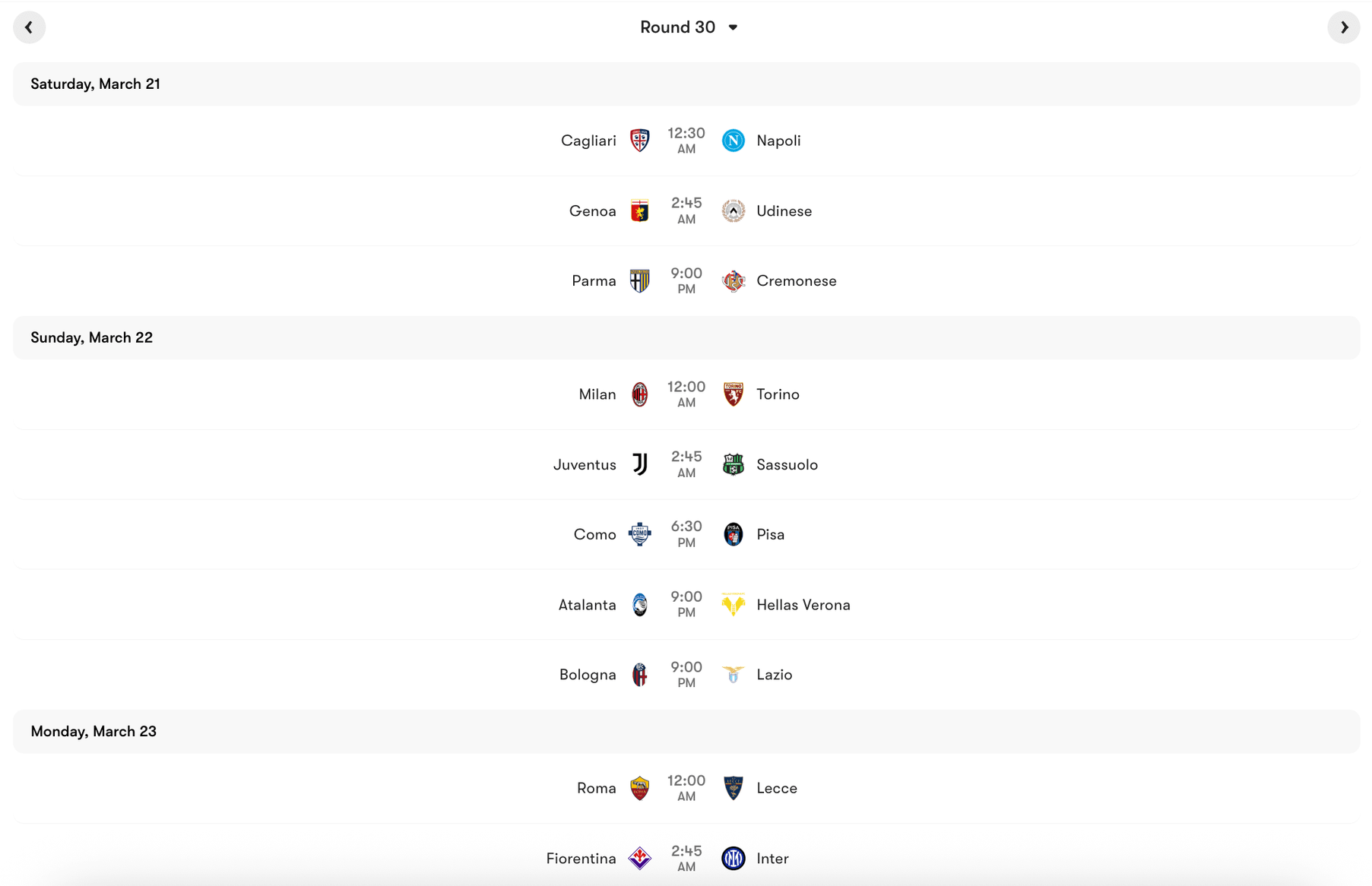 Lịch thi đấu Vòng 30 Serie A 2025/26 | Keolive