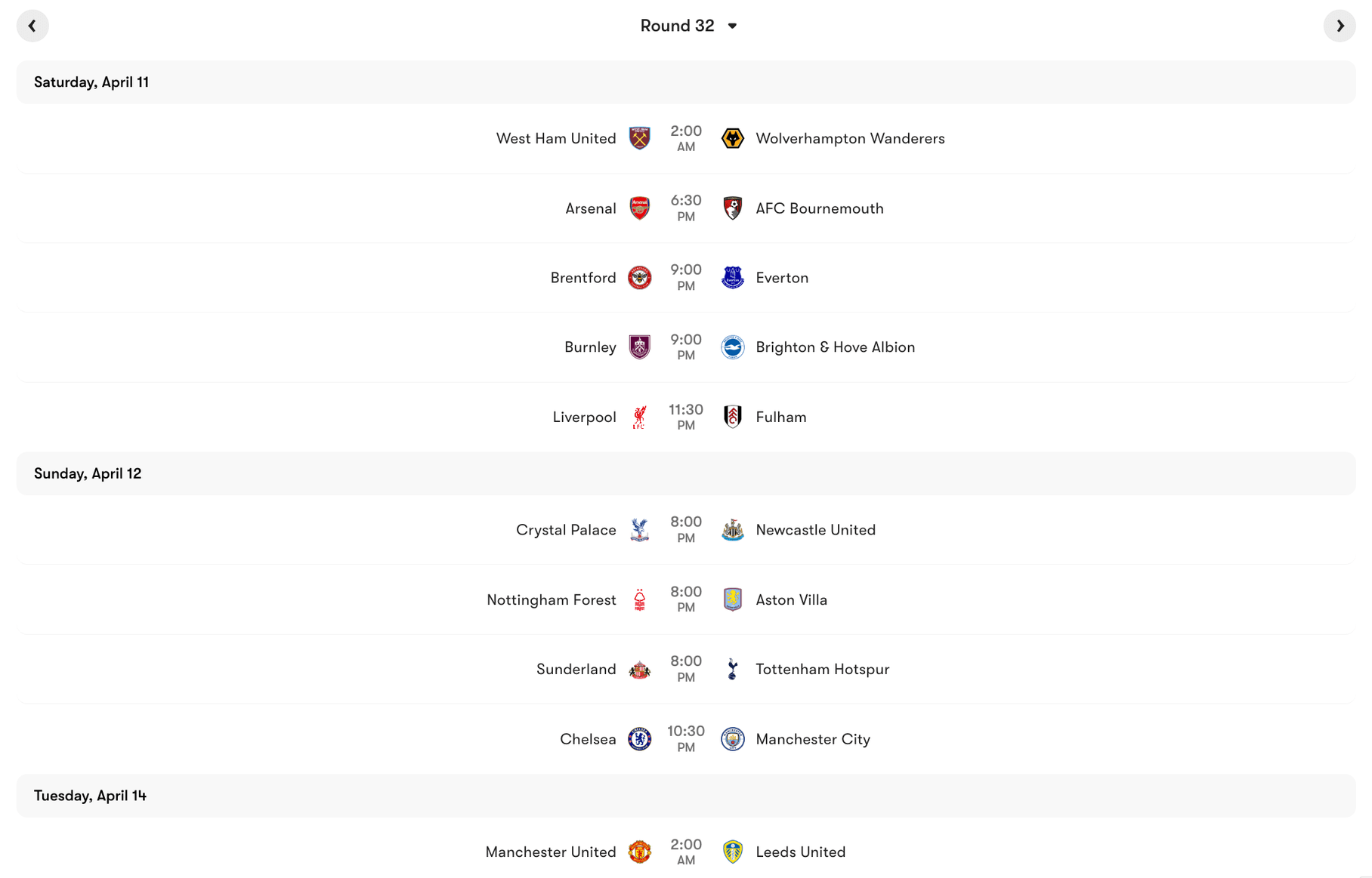 Lịch thi đấu vòng 32 Premier League 2025/26 | Keolive