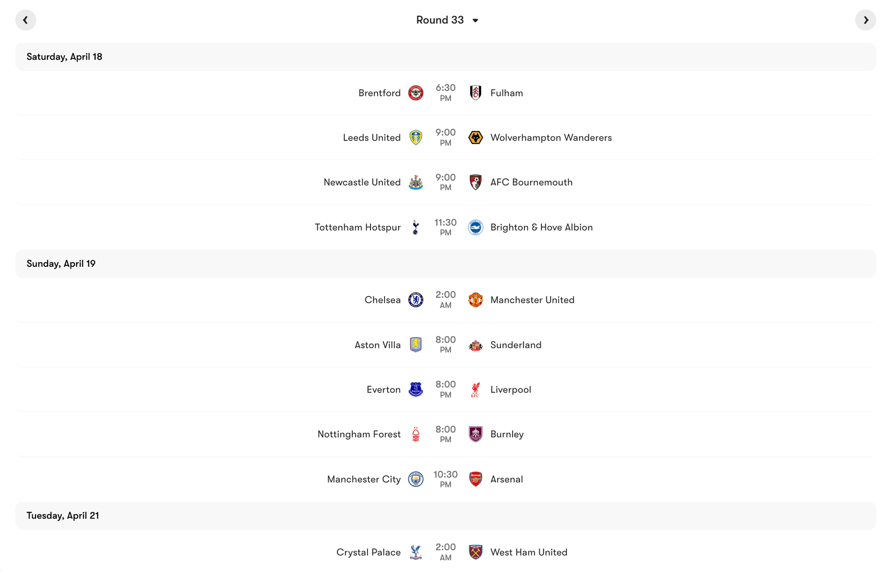 Lịch thi đấu vòng 33 Premier League 2025/26 | Keolive