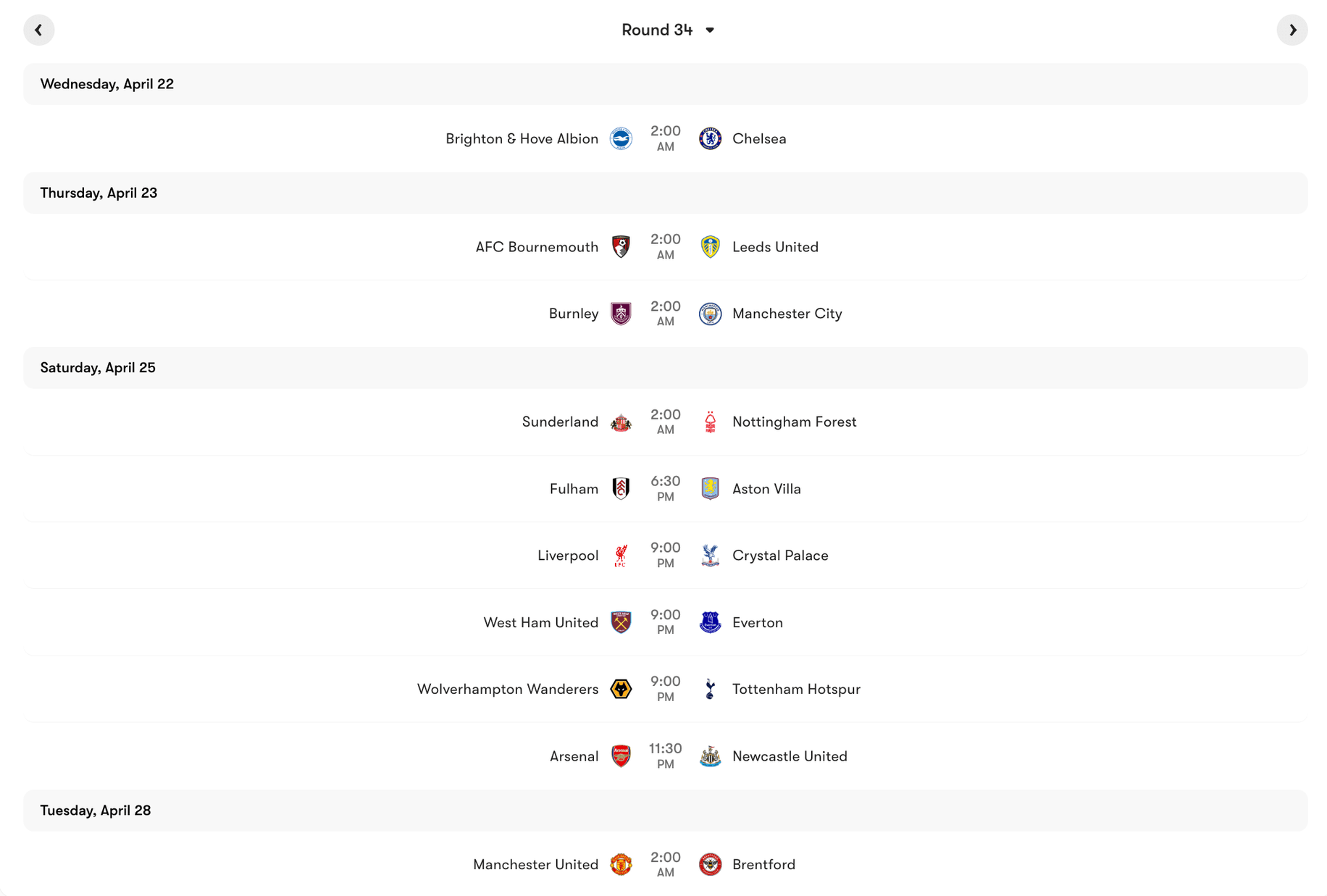 Lịch thi đấu vòng 34 Premier League 2025/26 | Keolive