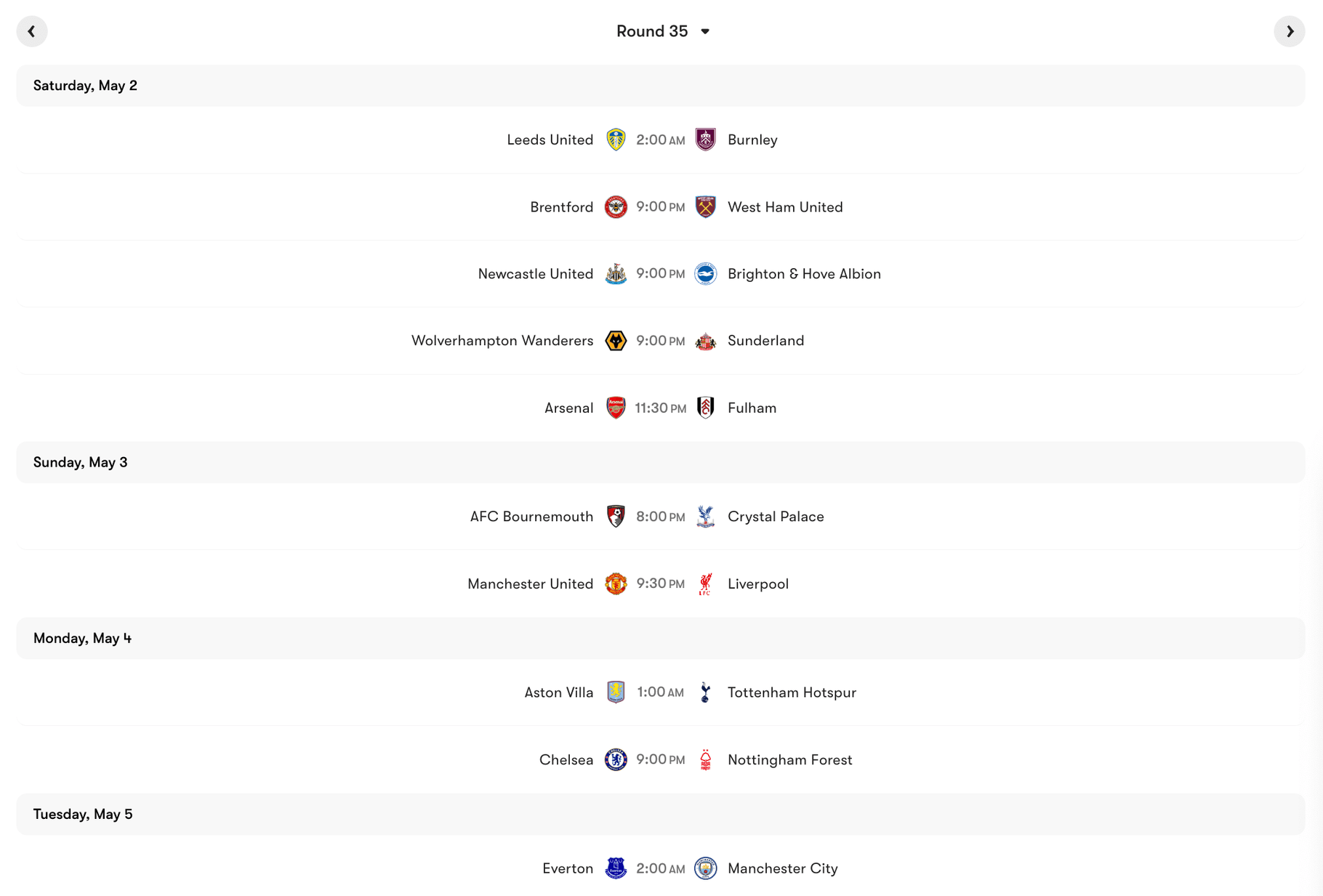 Lịch thi đấu vòng 35 Premier League 2025/26 | Keolive