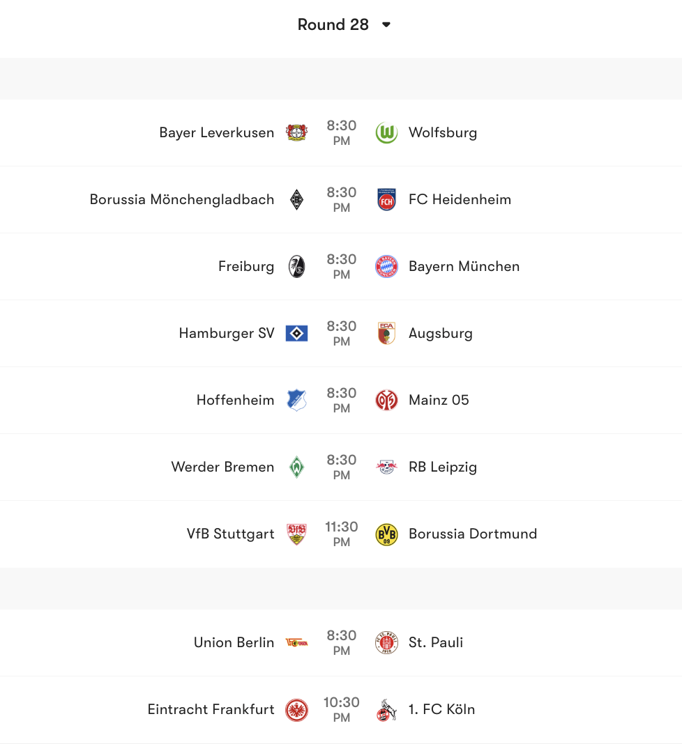 Lịch thi đấu vòng 28 Bundesliga | Keolive