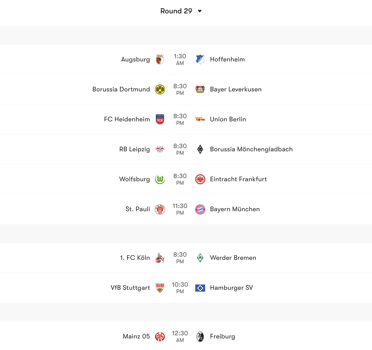 Lịch thi đấu vòng 29 Bundesliga | Keolive