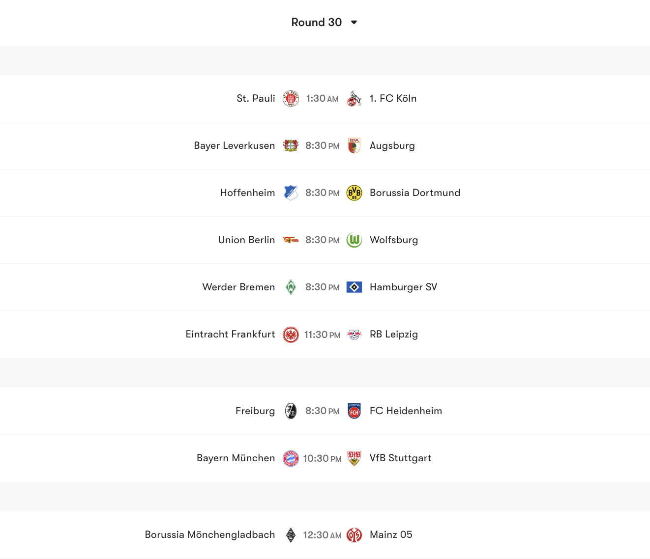 Lịch thi đấu vòng 30 Bundesliga | Keolive