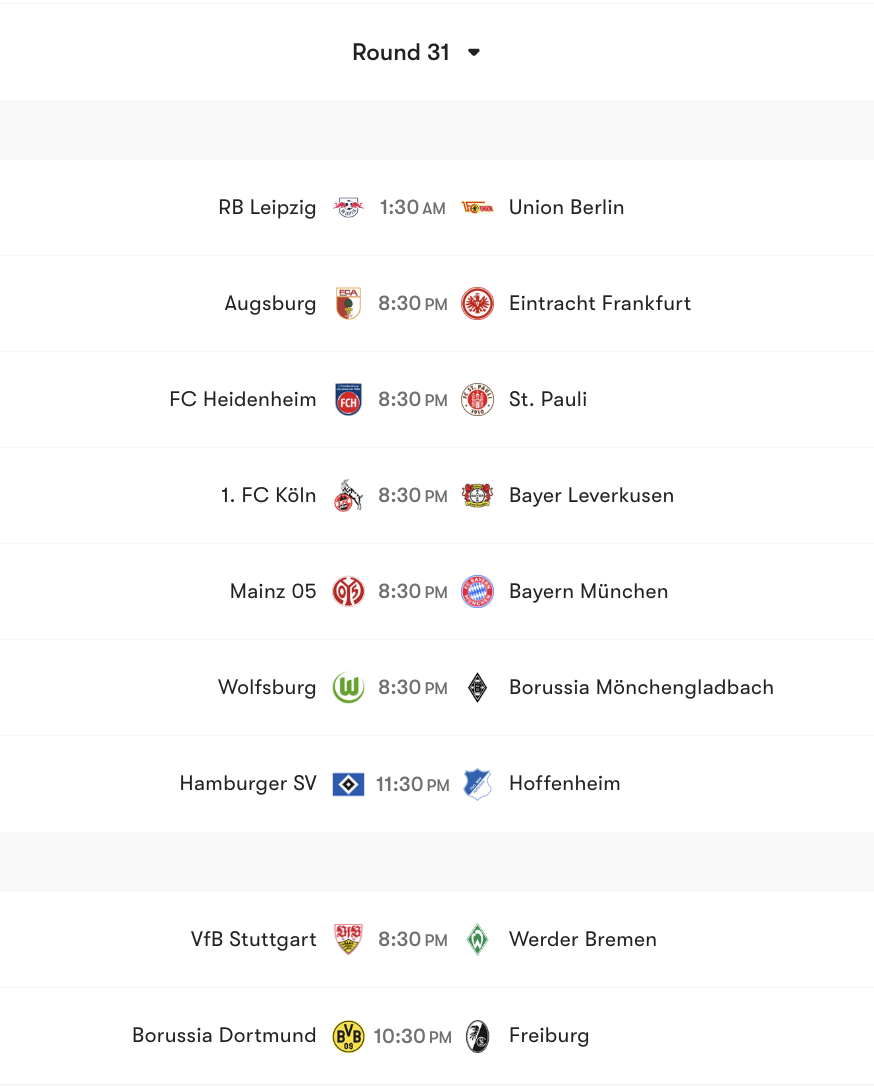 Lịch thi đấu vòng 31 Bundesliga | Keolive