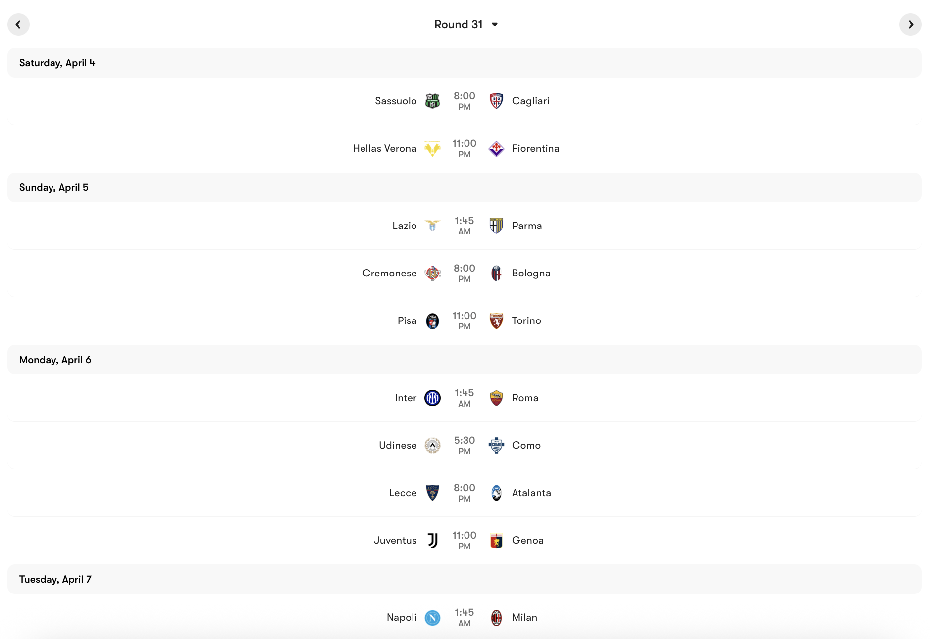 Lịch thi đấu Vòng 31 Serie A 2025/26 | Keolive