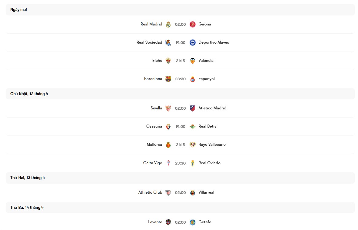 Lịch thi đấu vòng 31 La Liga 2025/26 | Keolive